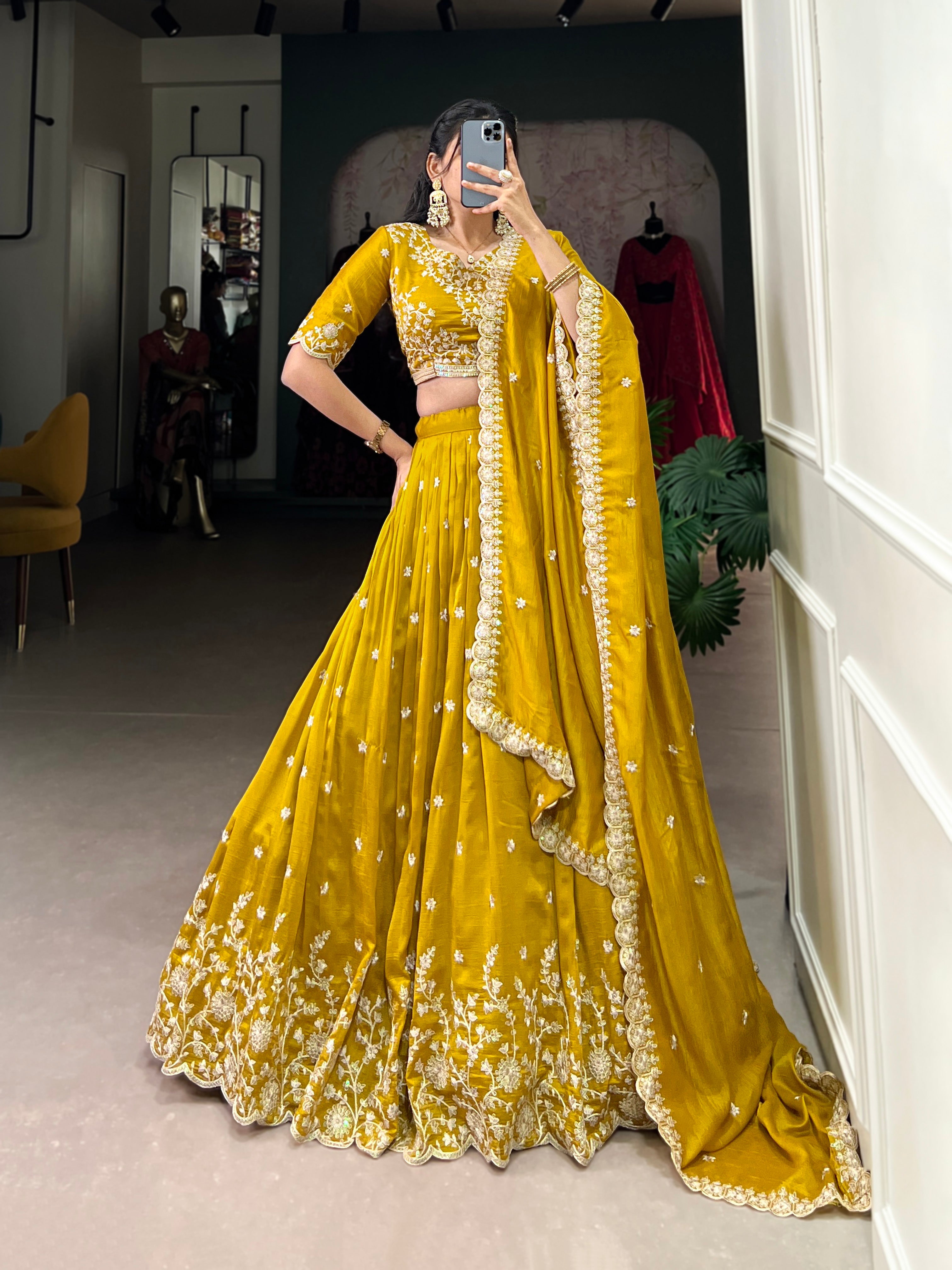 Mustard Yellow Embroidered Vichitra Silk Lehenga Set with Sequins Detailing