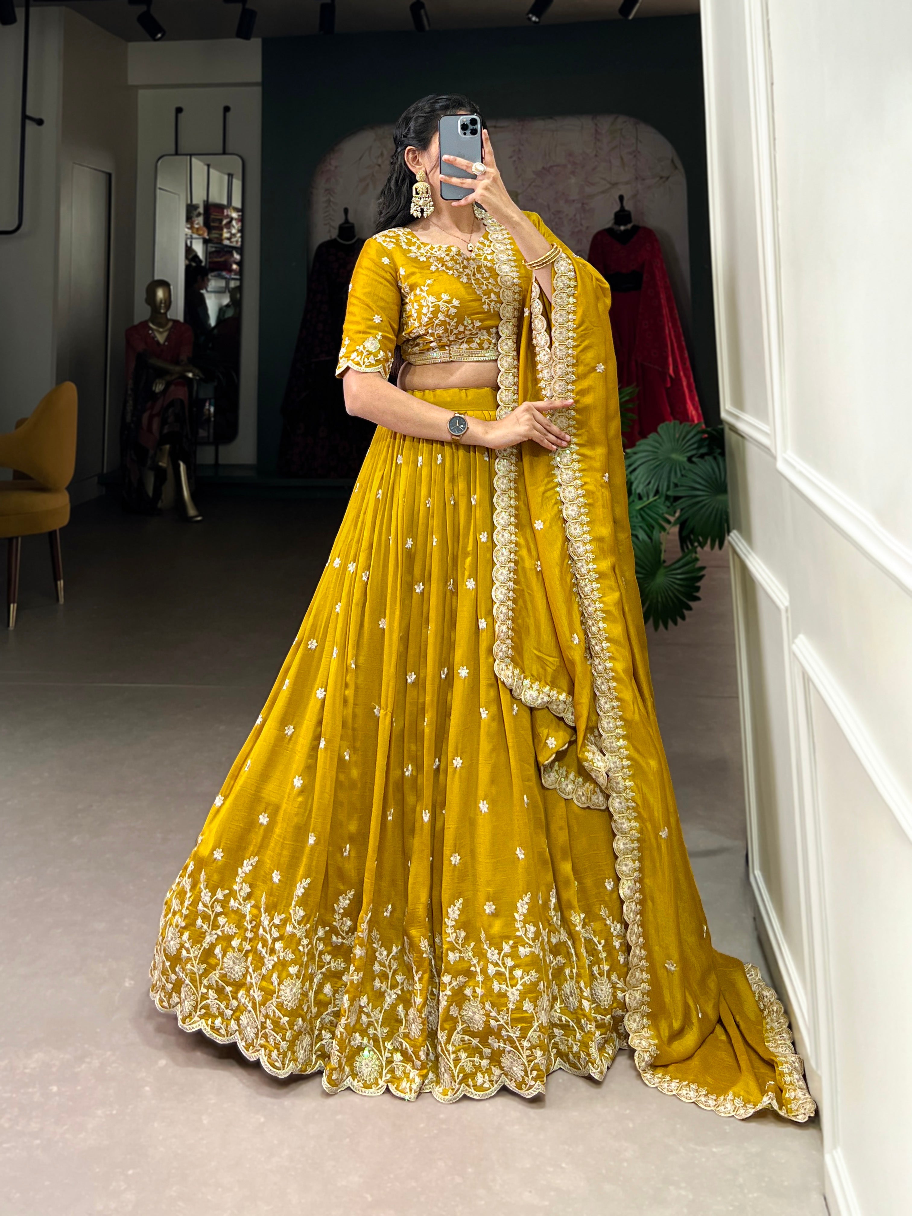 Mustard Yellow Embroidered Vichitra Silk Lehenga Set with Sequins Detailing