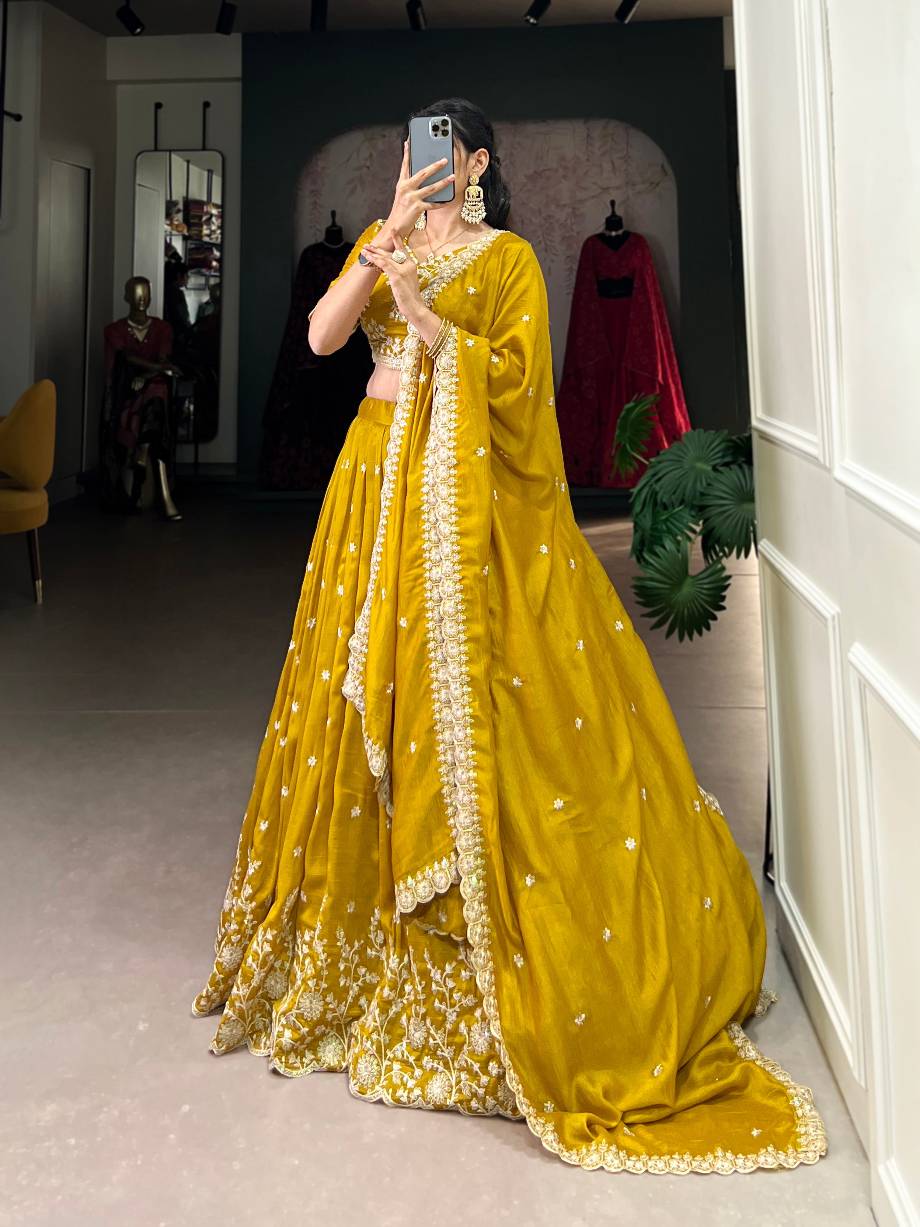 Mustard Yellow Embroidered Vichitra Silk Lehenga Set with Sequins Detailing