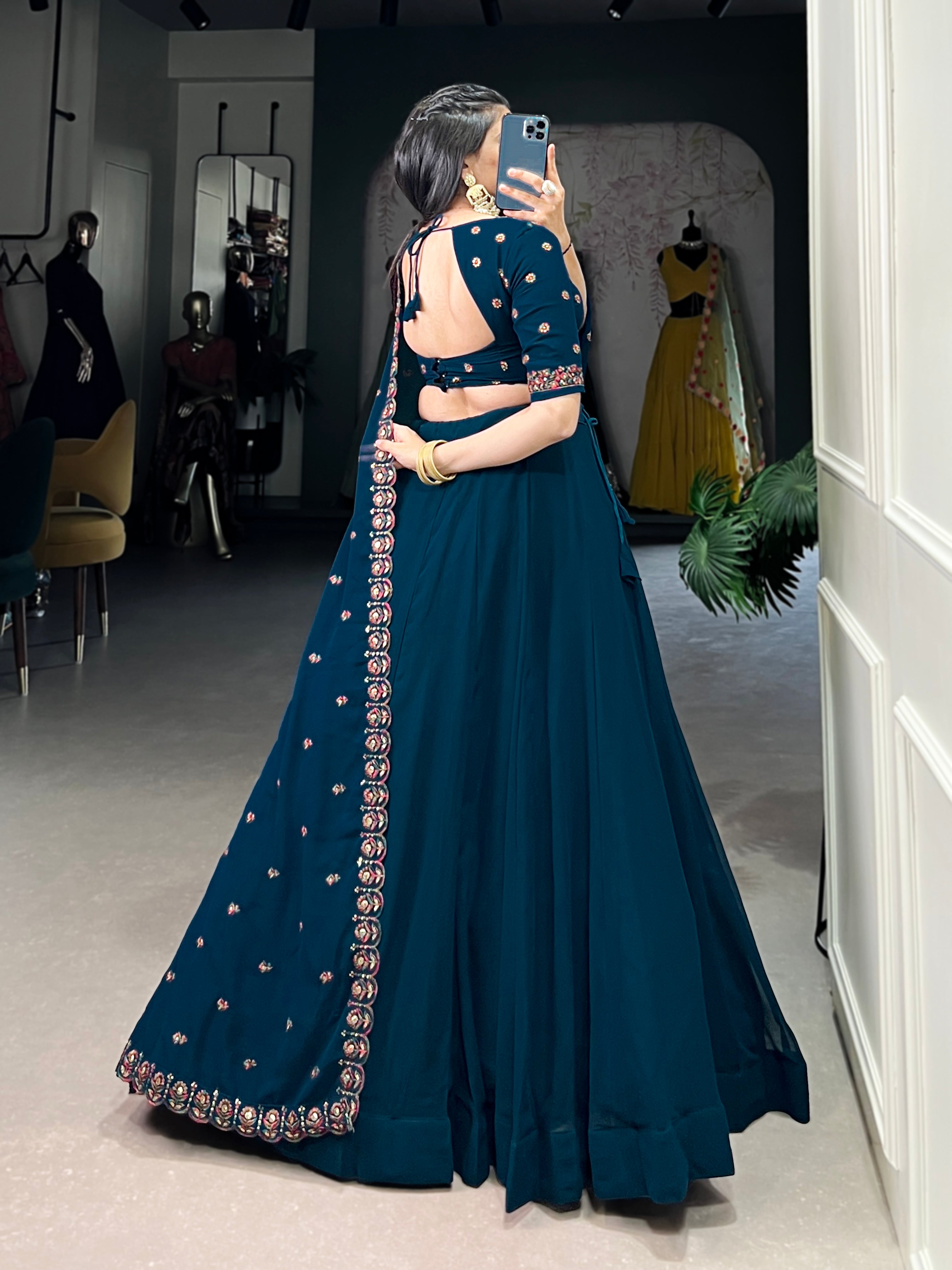 Firozi Pure Georgette Party Wear Lehenga Choli