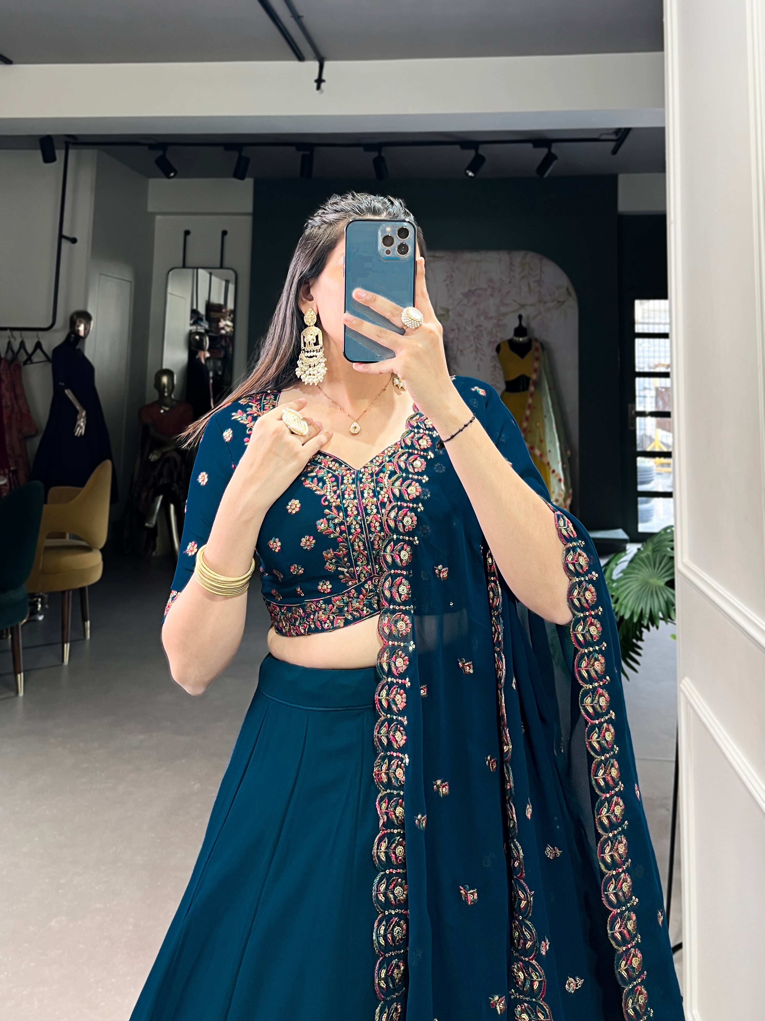 Firozi Pure Georgette Party Wear Lehenga Choli