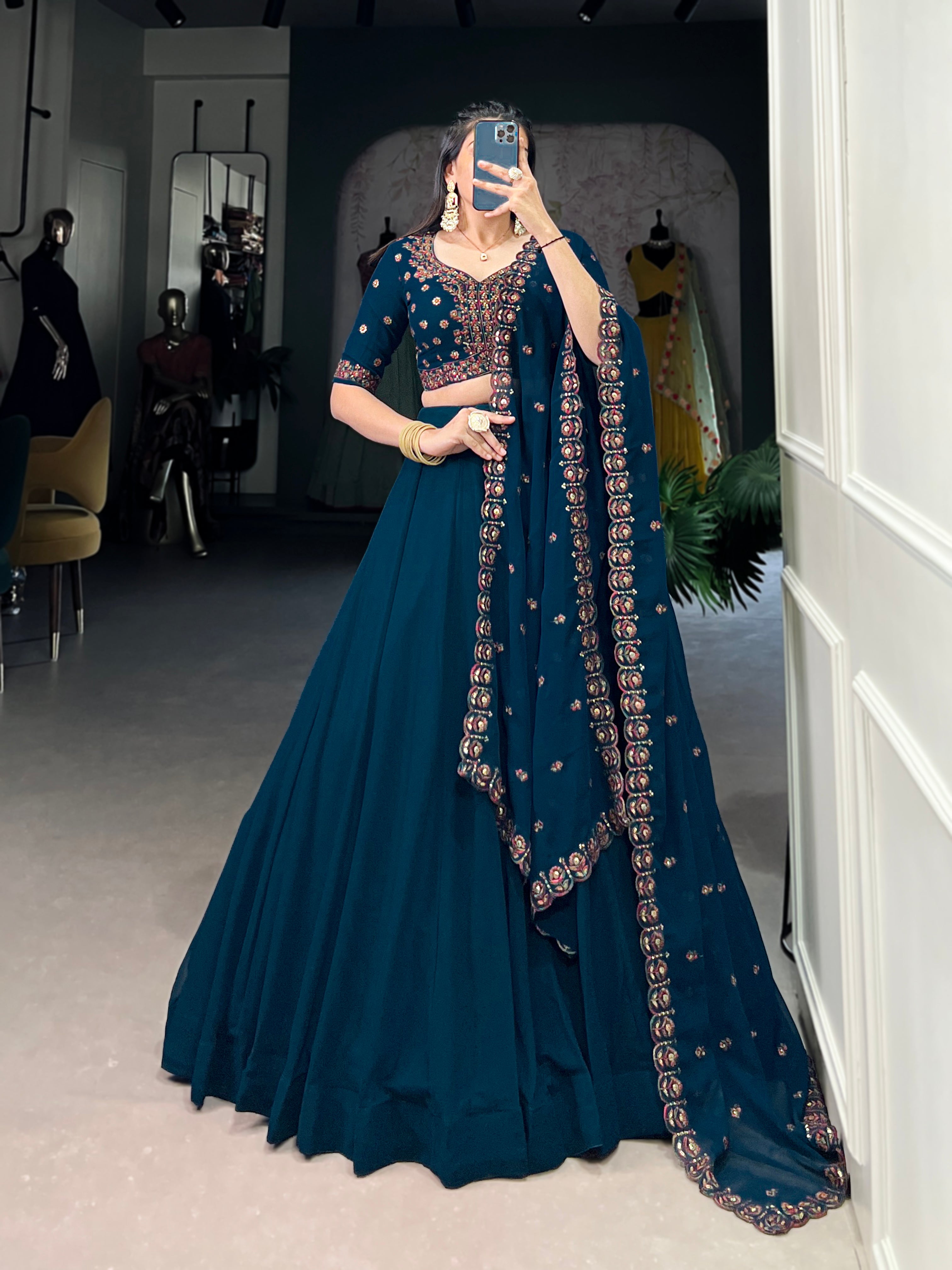 Firozi Pure Georgette Party Wear Lehenga Choli