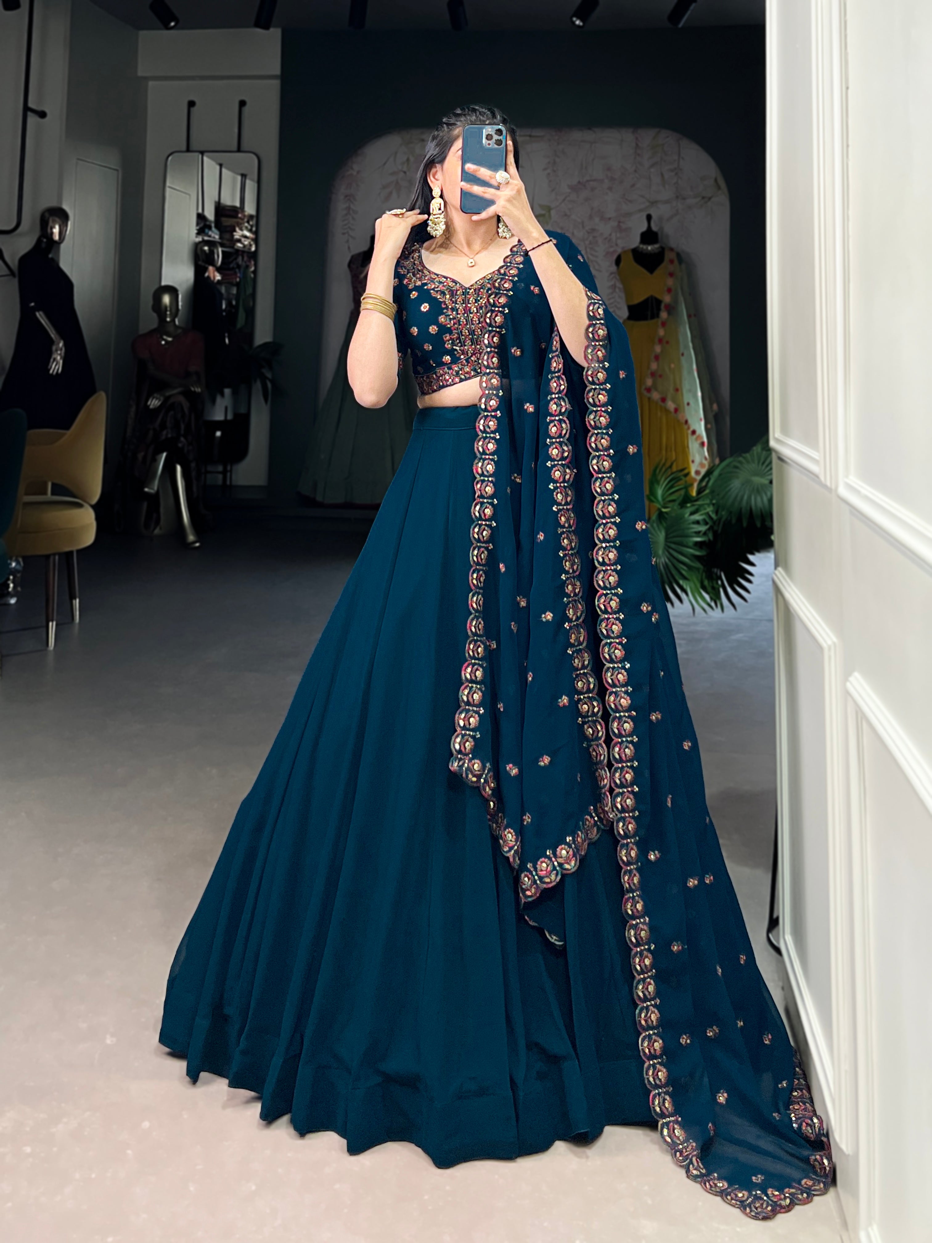 Firozi Pure Georgette Party Wear Lehenga Choli