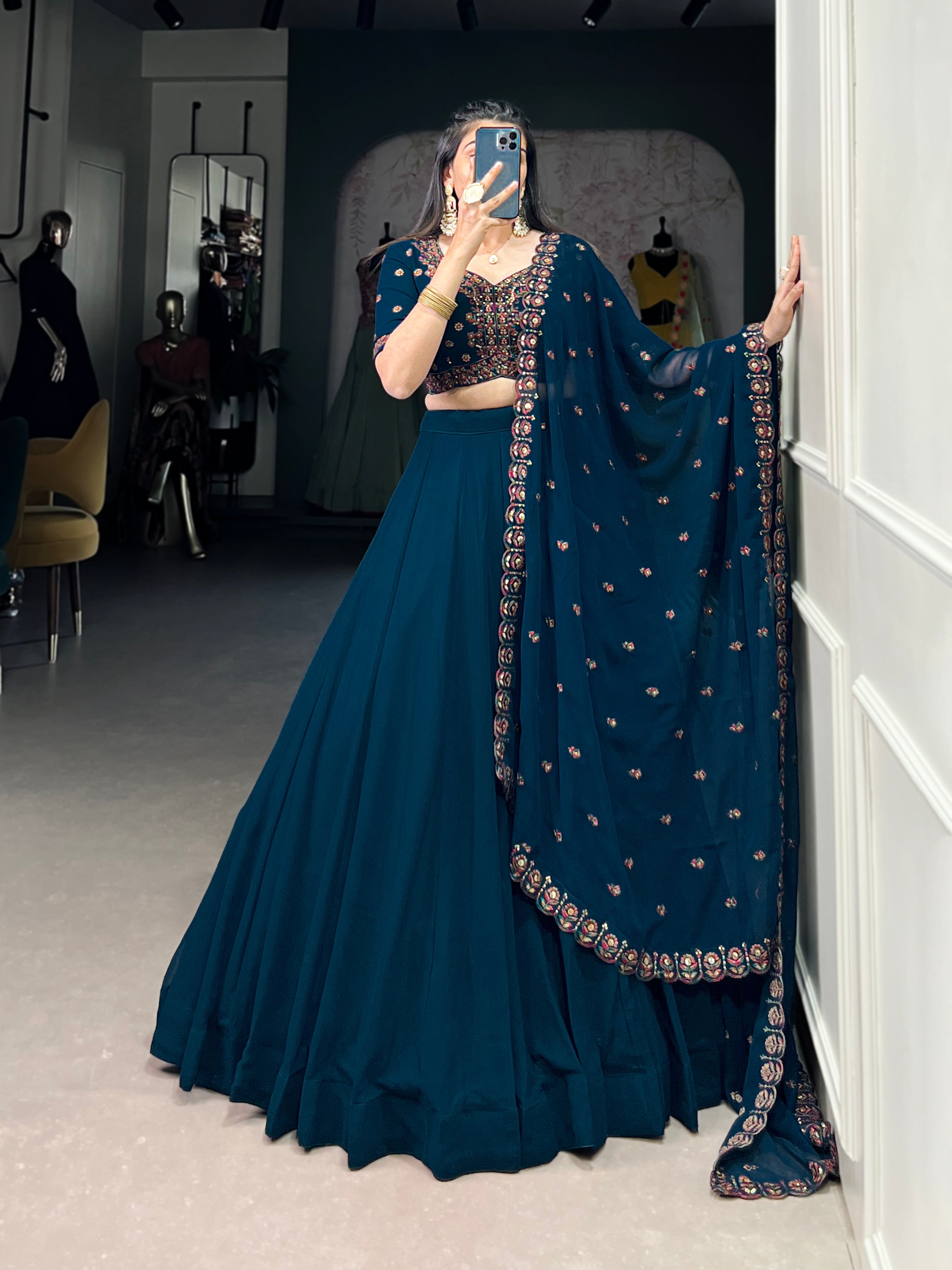 Firozi Pure Georgette Party Wear Lehenga Choli