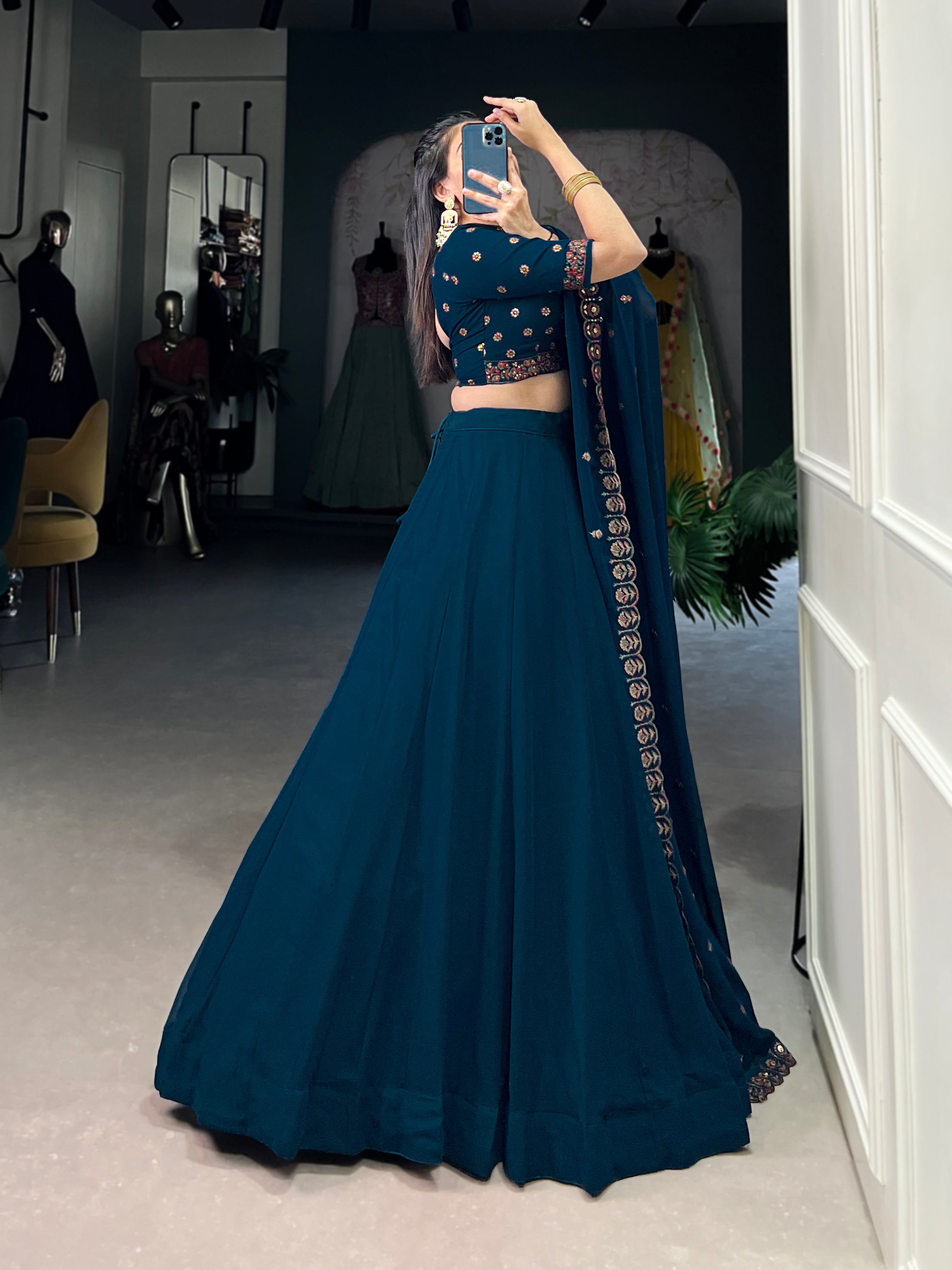 Firozi Pure Georgette Party Wear Lehenga Choli