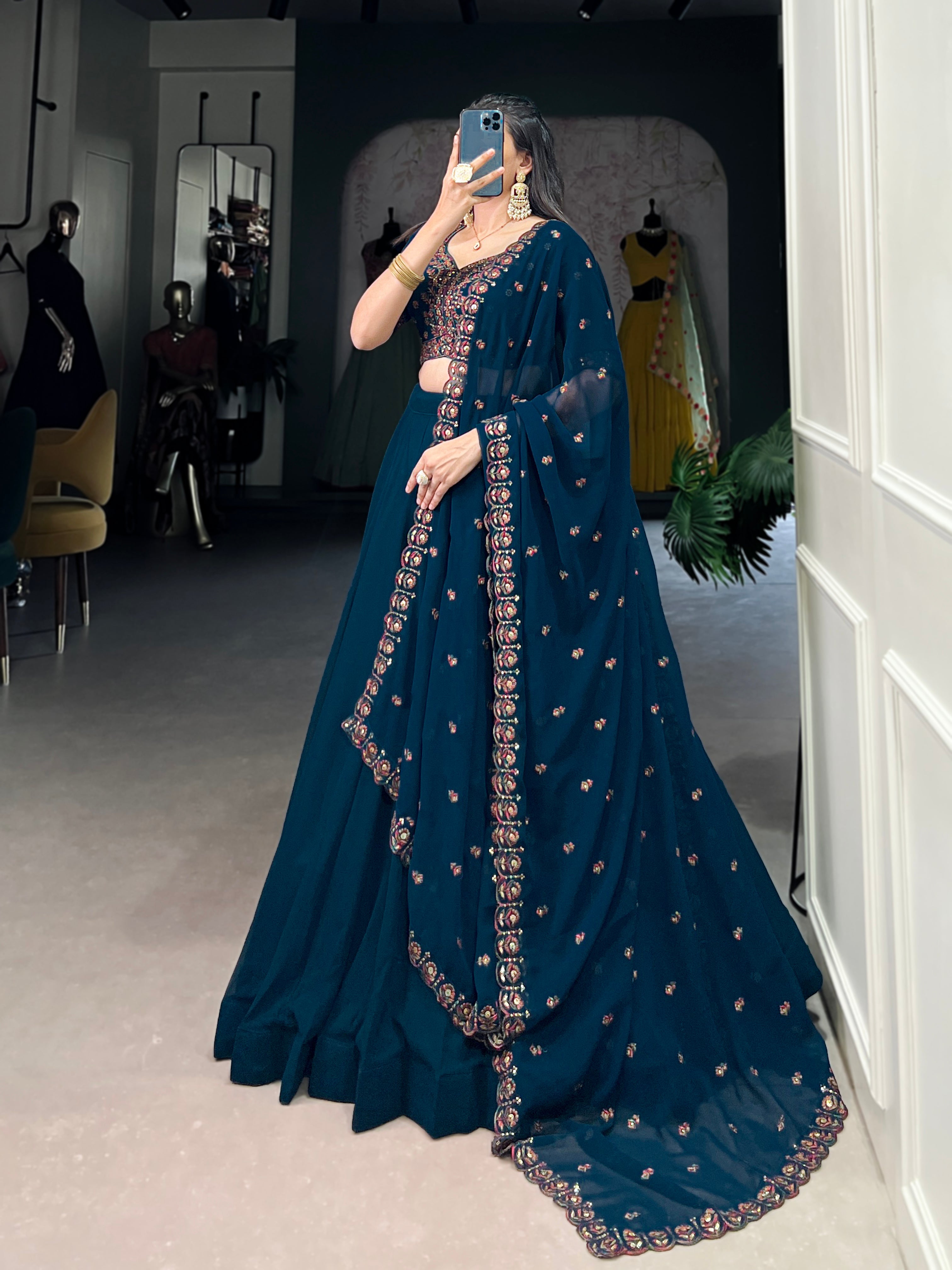 Firozi Pure Georgette Party Wear Lehenga Choli
