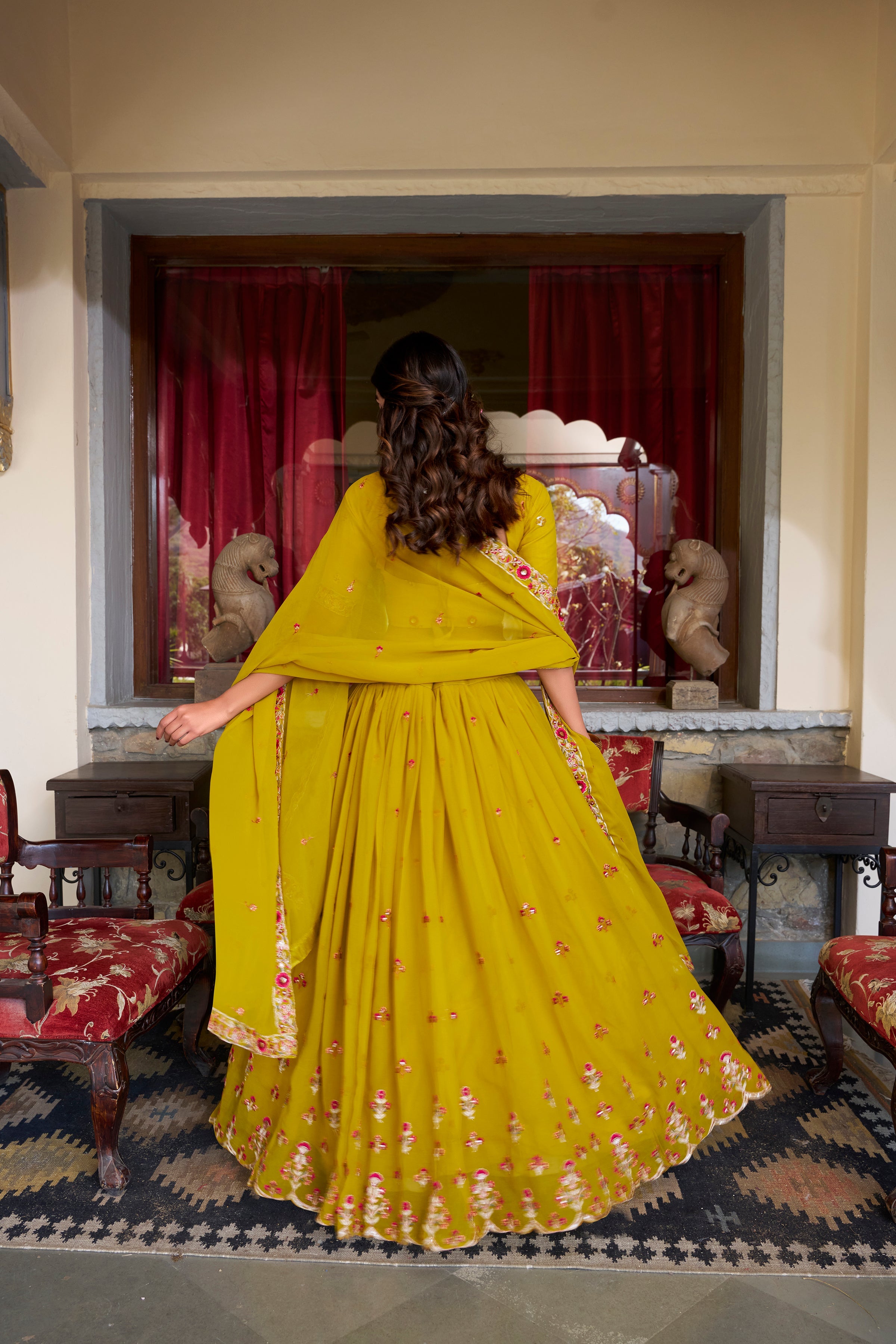 Thread Embroidered Georgette Mustard Yellow Lehenga Choli For Women