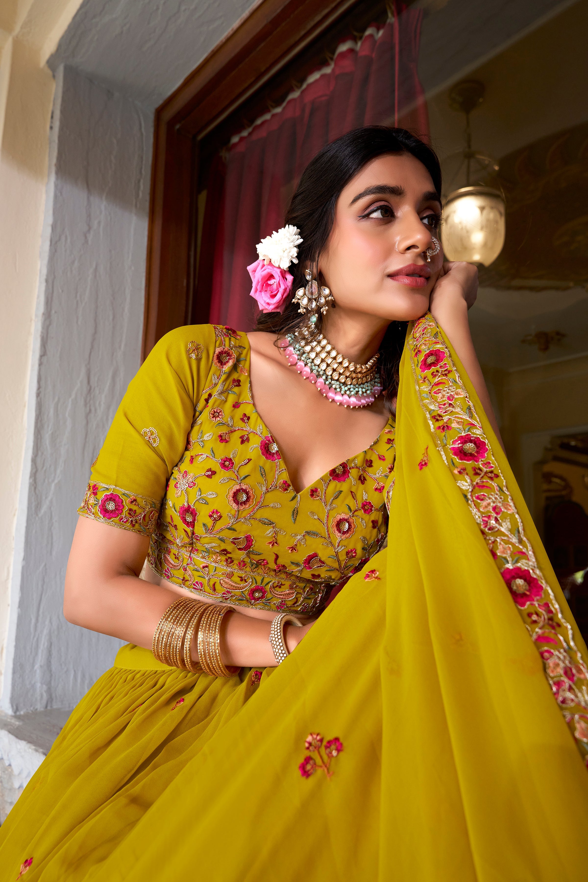 Thread Embroidered Georgette Mustard Yellow Lehenga Choli For Women