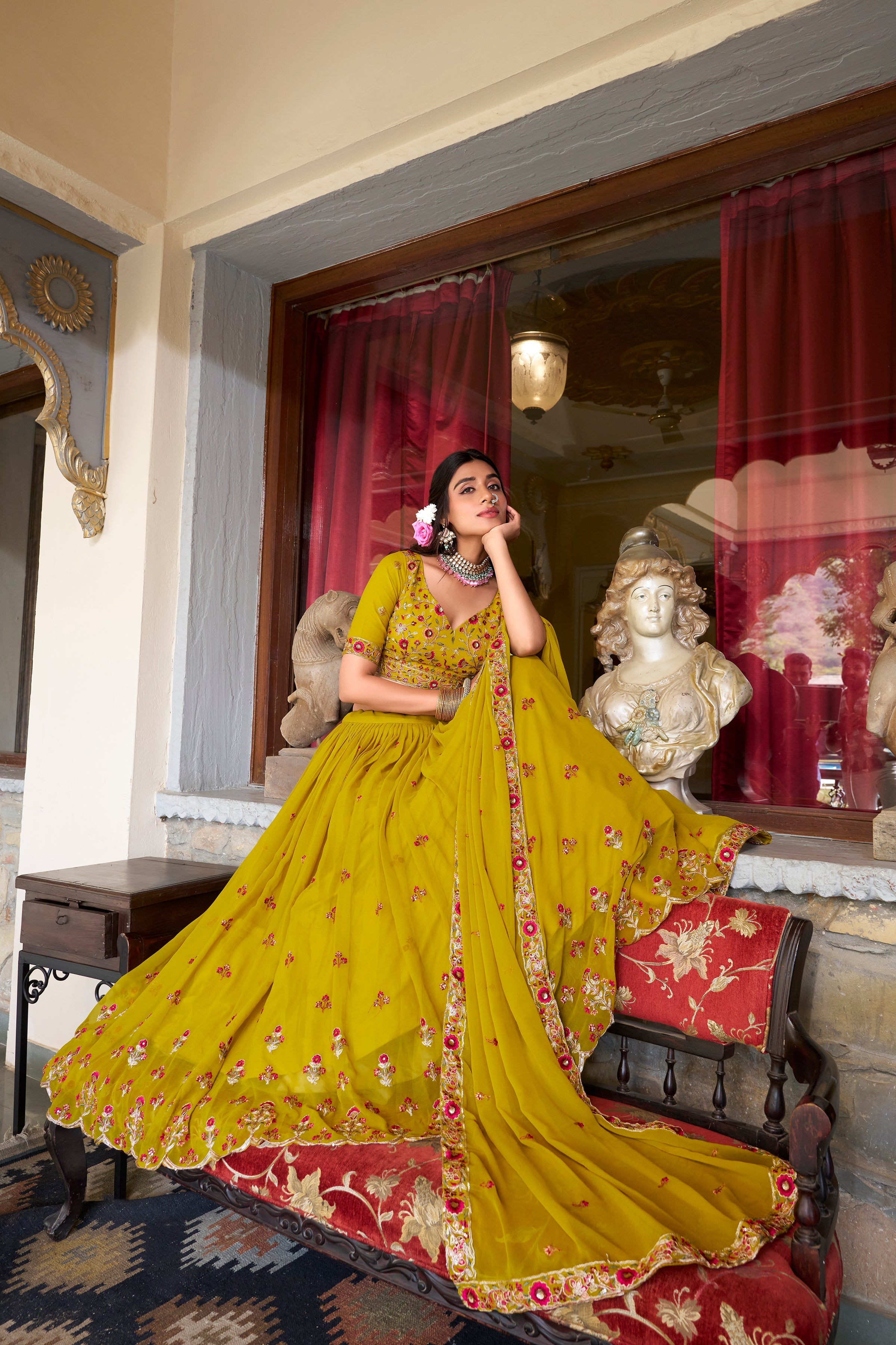 Thread Embroidered Georgette Mustard Yellow Lehenga Choli For Women