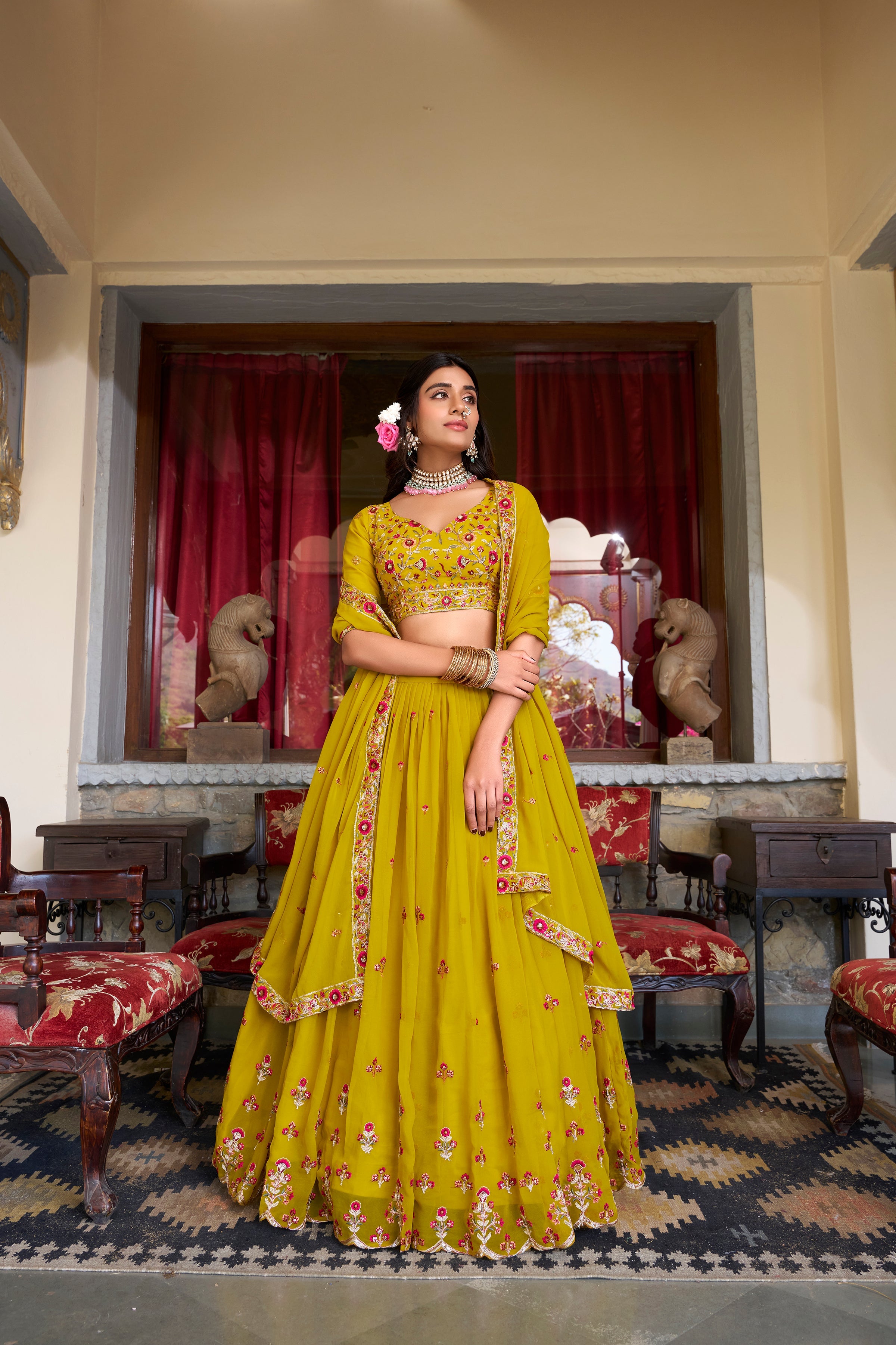 Thread Embroidered Georgette Mustard Yellow Lehenga Choli For Women