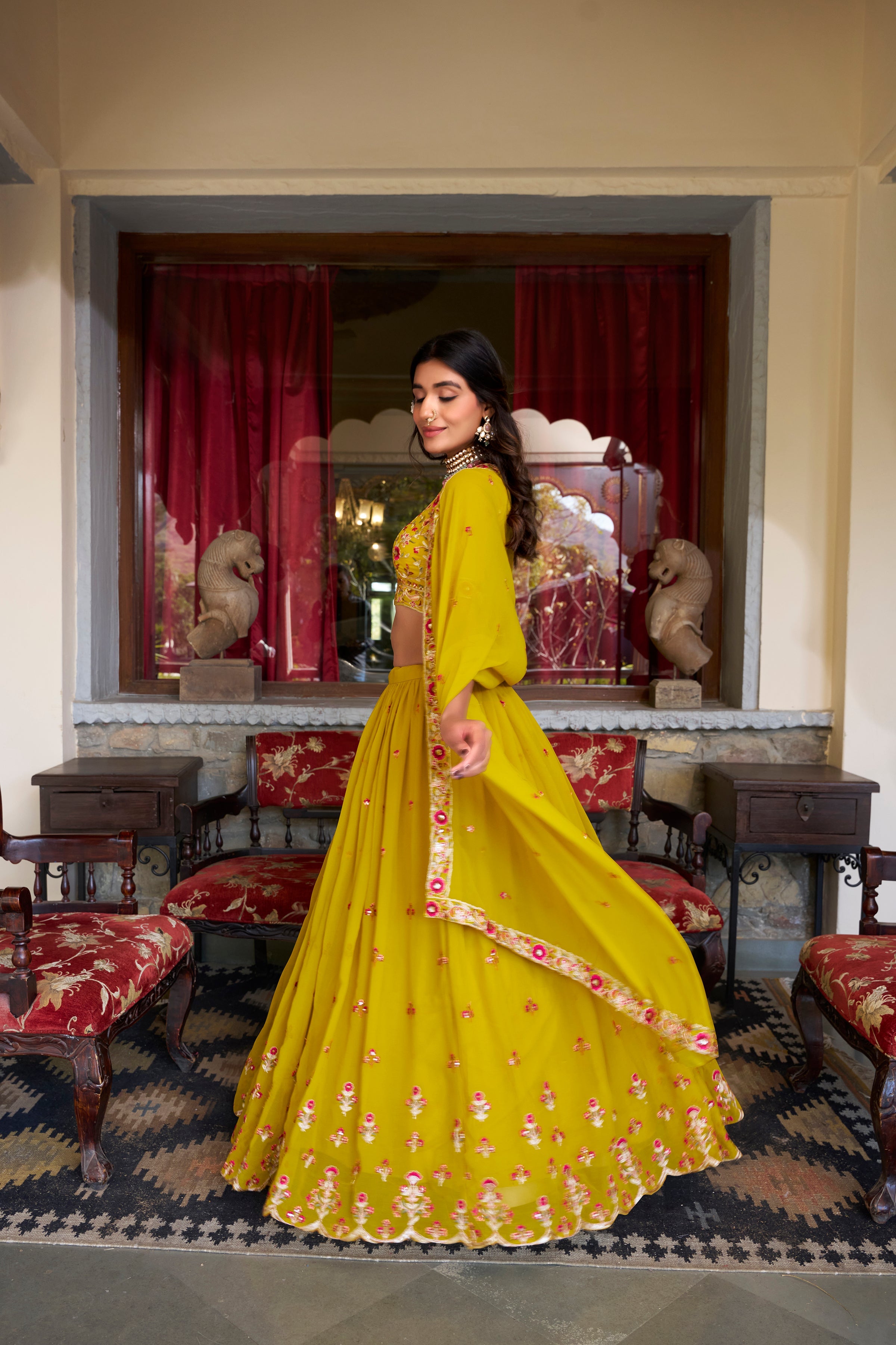 Thread Embroidered Georgette Mustard Yellow Lehenga Choli For Women