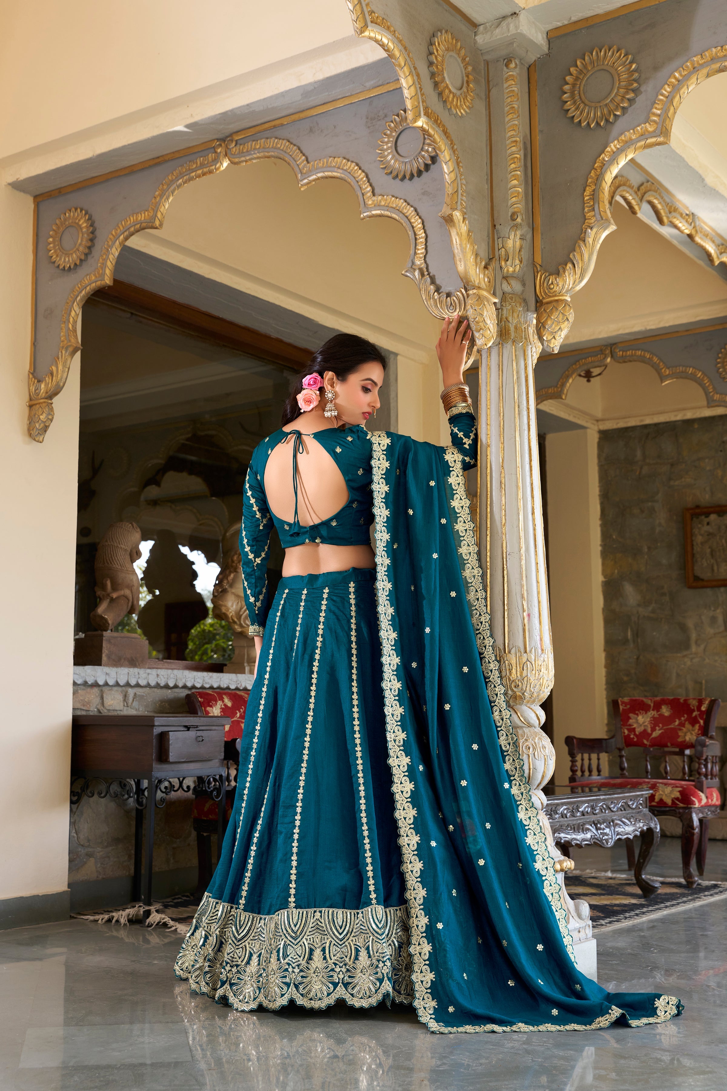 Firozi Pure Vichitra Silk With Sequins Embroidery Work Lehenga Choli
