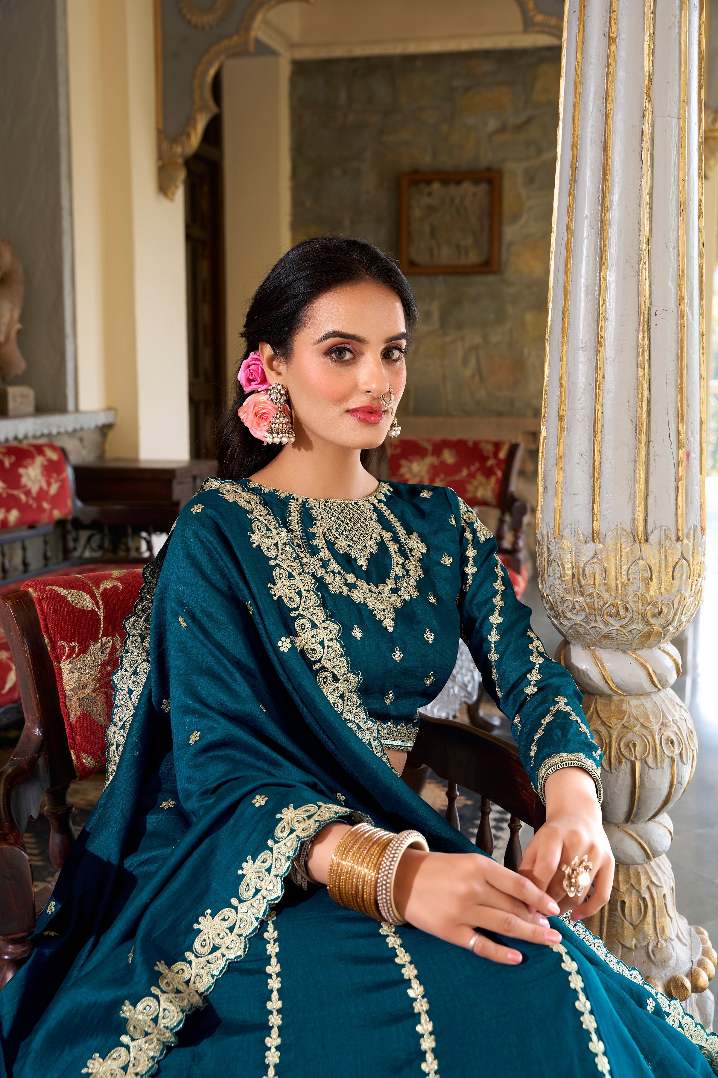 Firozi Pure Vichitra Silk With Sequins Embroidery Work Lehenga Choli