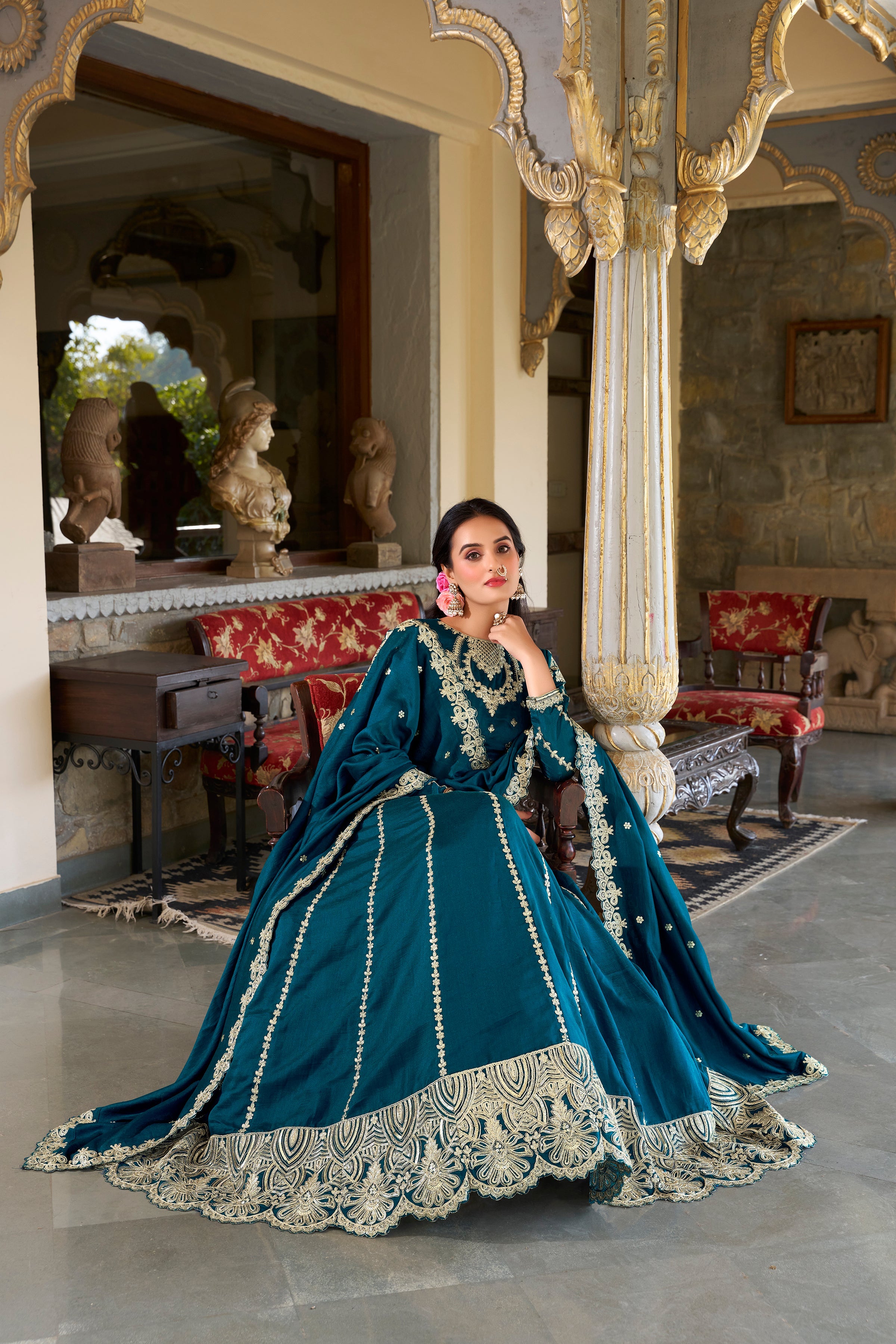 Firozi Pure Vichitra Silk With Sequins Embroidery Work Lehenga Choli