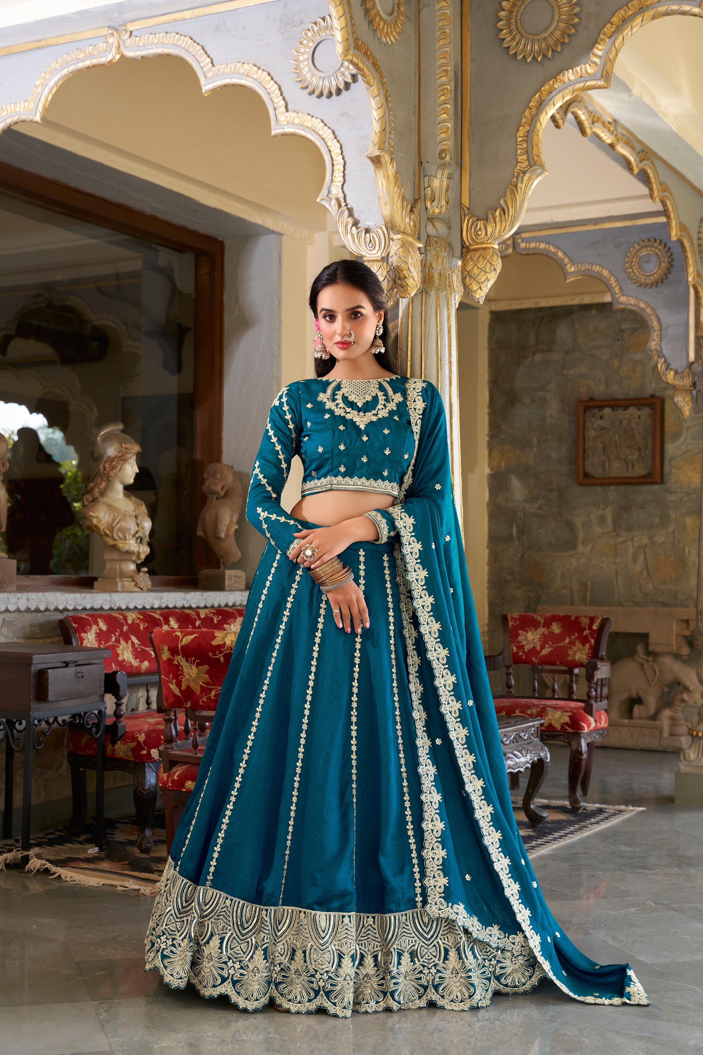 Firozi Pure Vichitra Silk With Sequins Embroidery Work Lehenga Choli