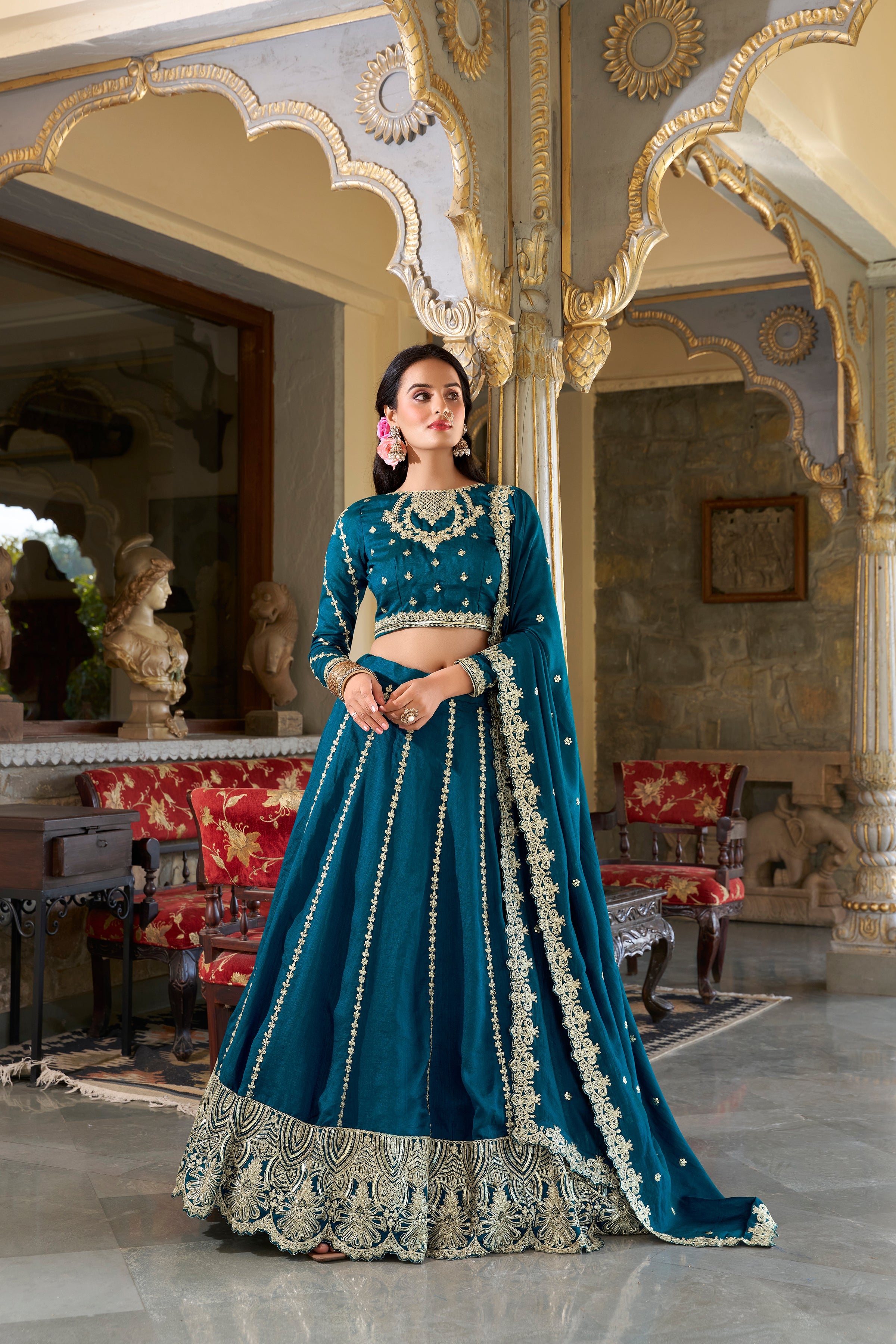 Firozi Pure Vichitra Silk With Sequins Embroidery Work Lehenga Choli