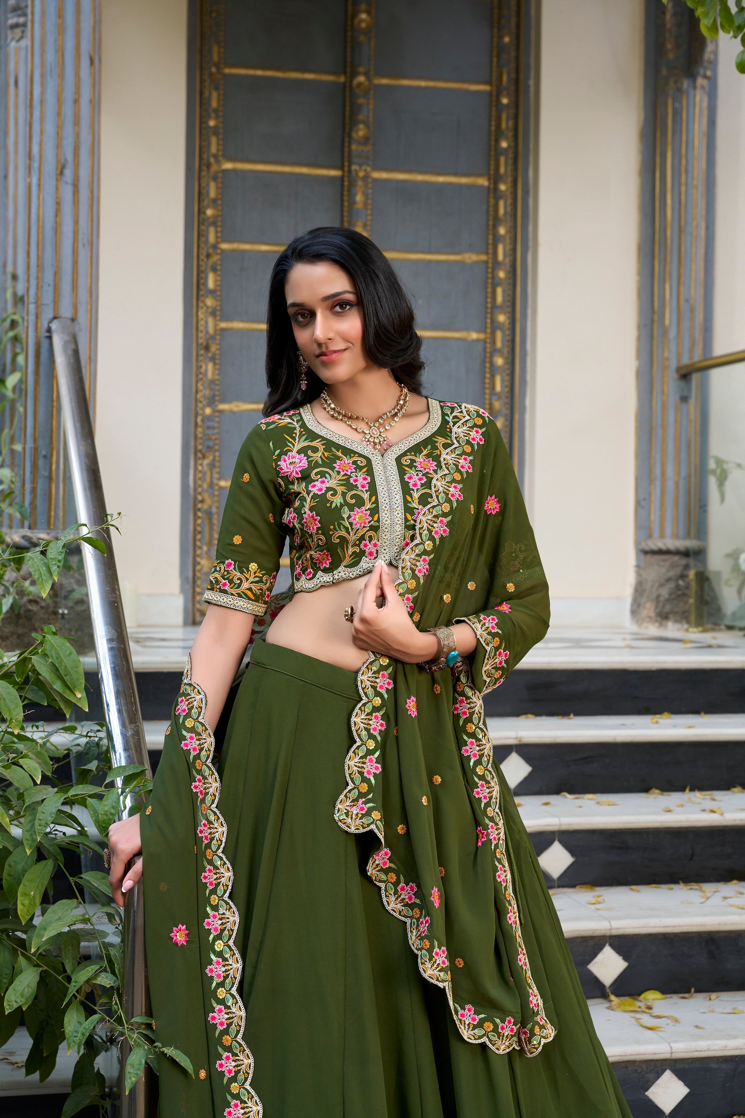 Lovely Green Georgette Mehendi Wear Lehenga With embroidered Choli