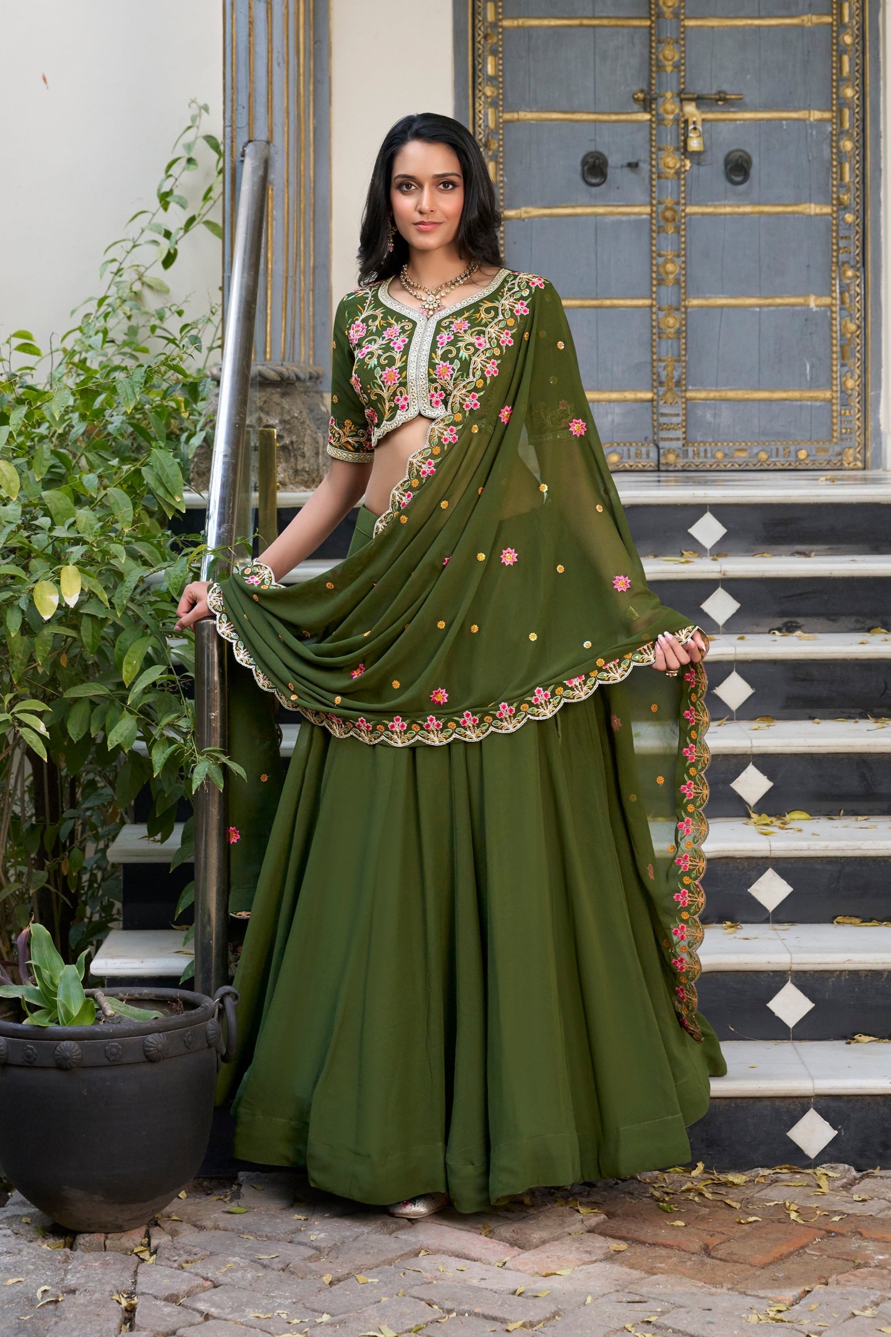 Lovely Green Georgette Mehendi Wear Lehenga With embroidered Choli