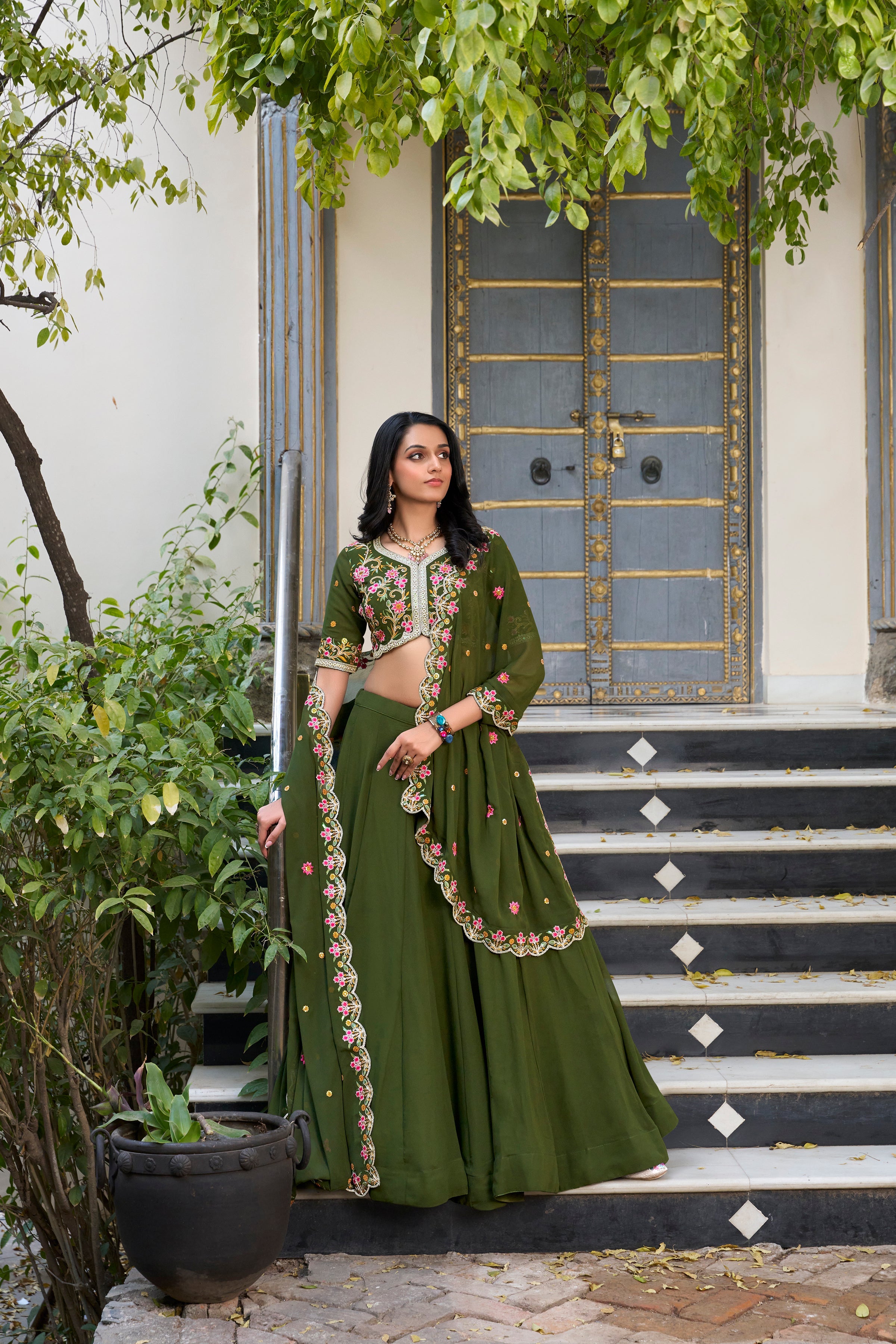 Lovely Green Georgette Mehendi Wear Lehenga With embroidered Choli