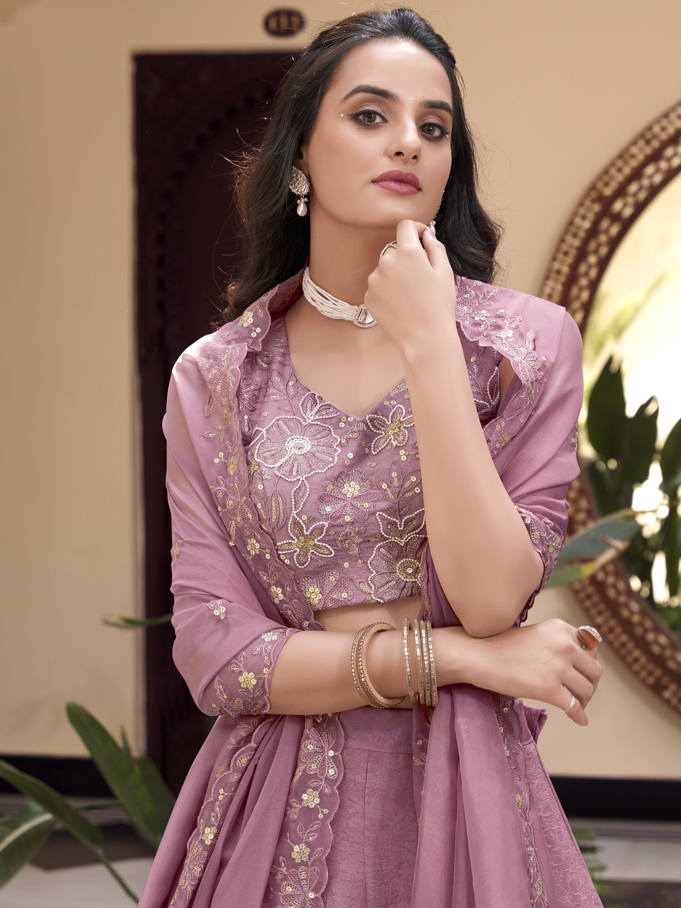 Lovely Pink Organza Thread Embroidered Engagement Wear Lehenga Choli