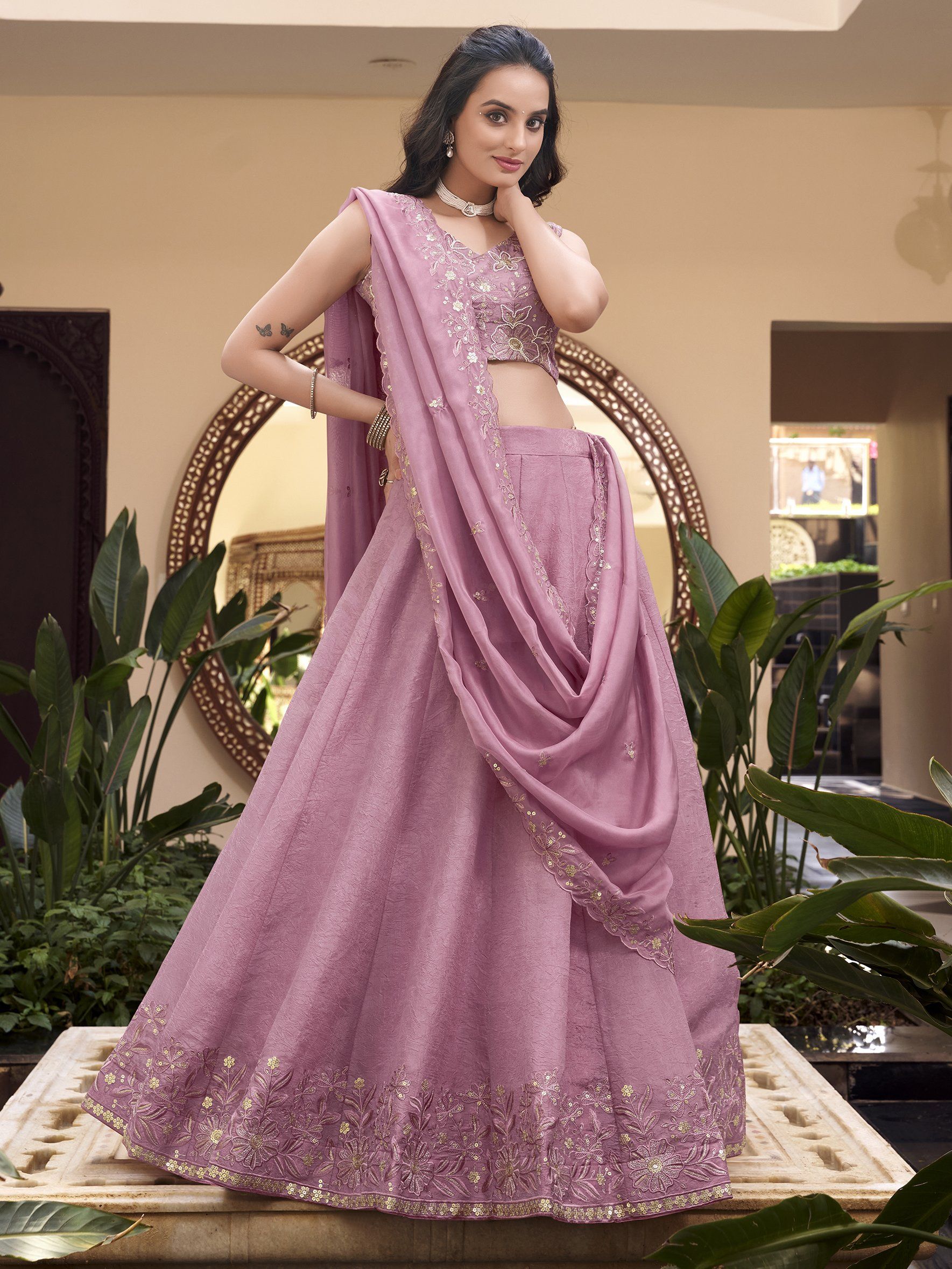 Lovely Pink Organza Thread Embroidered Engagement Wear Lehenga Choli