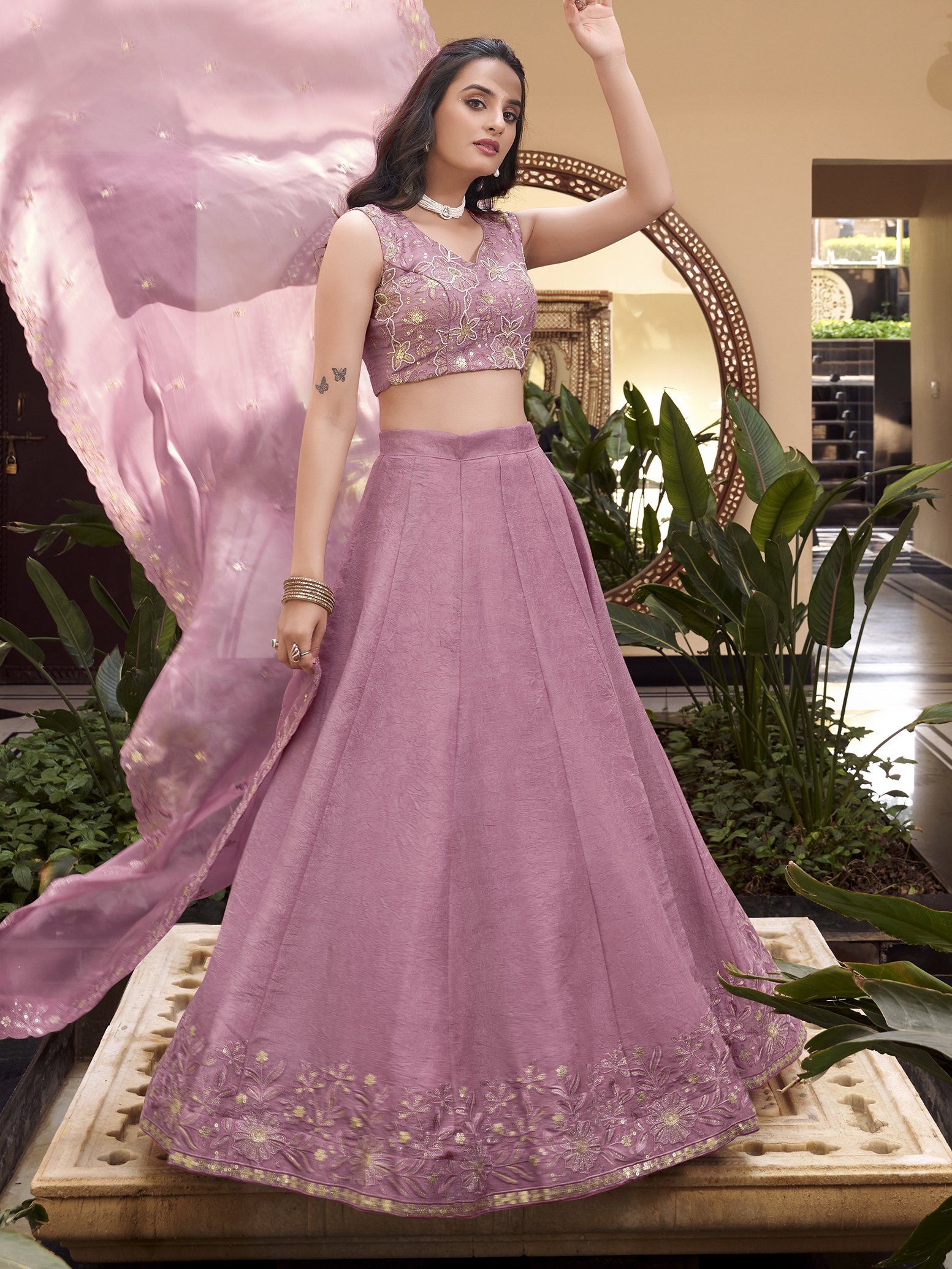 Lovely Pink Organza Thread Embroidered Engagement Wear Lehenga Choli