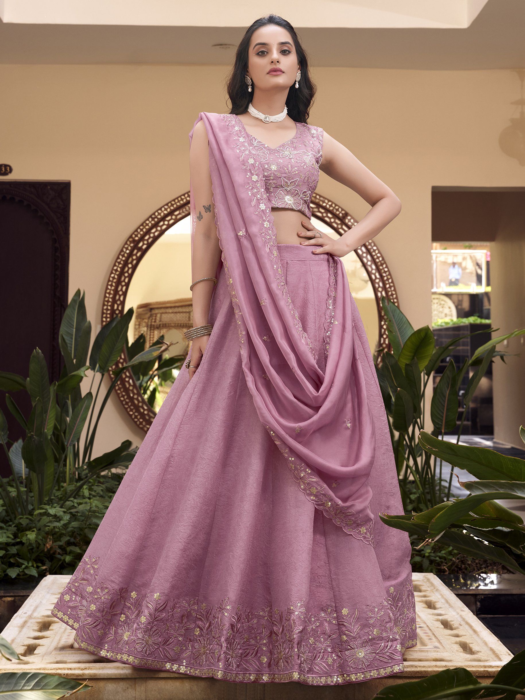 Lovely Pink Organza Thread Embroidered Engagement Wear Lehenga Choli
