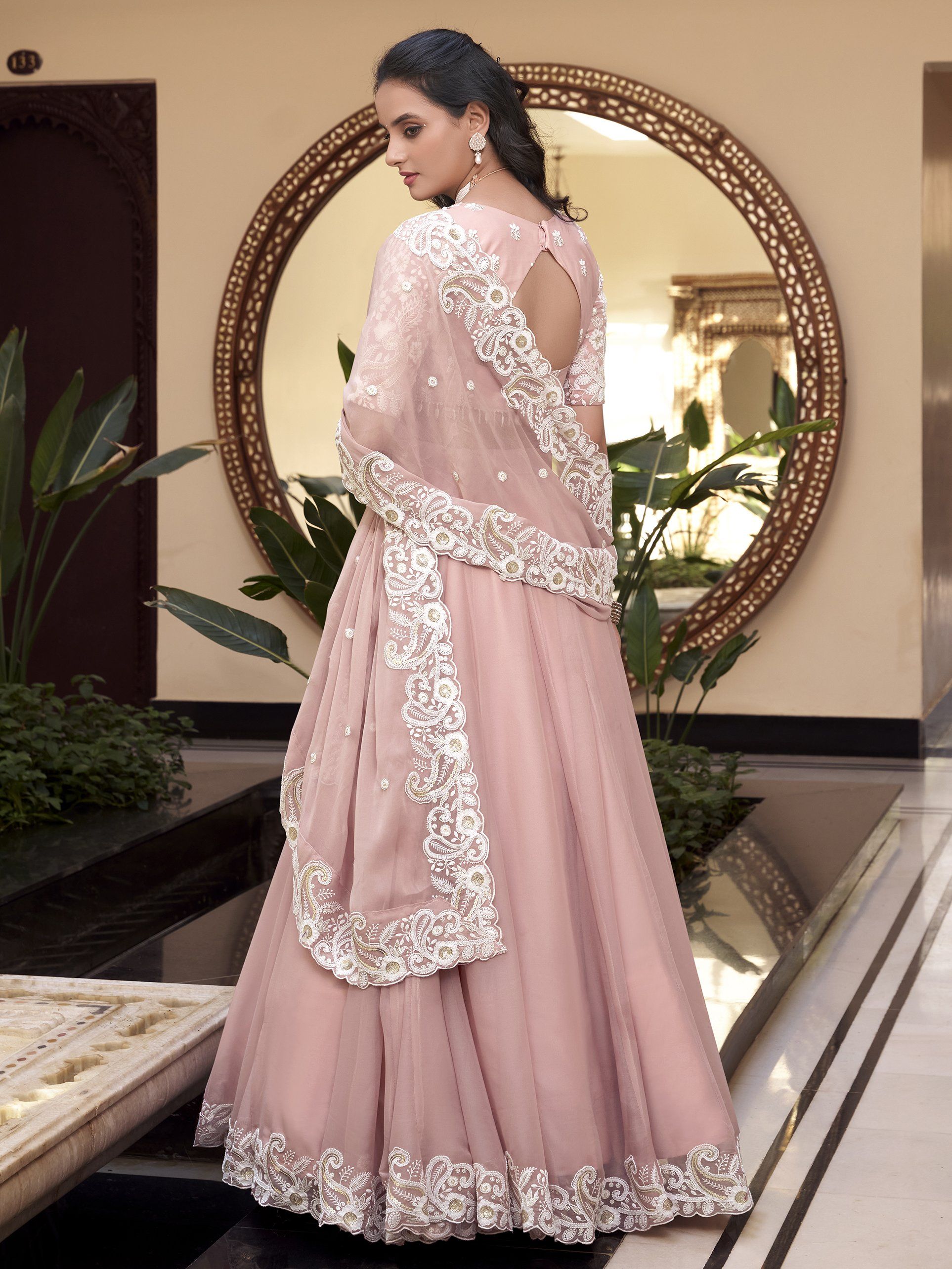 Fascinating Powder Pink Silk Thread Embroidery Bridesmaid Lehenga Choli