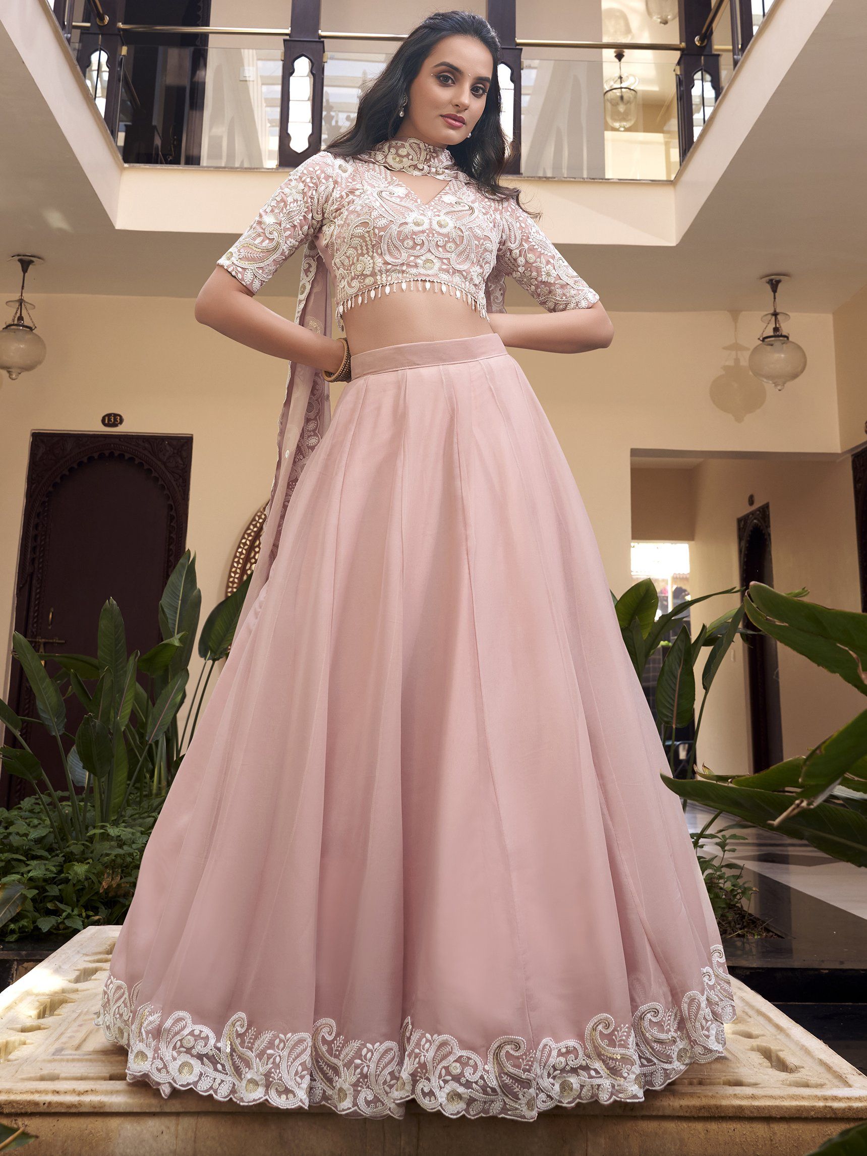 Fascinating Powder Pink Silk Thread Embroidery Bridesmaid Lehenga Choli