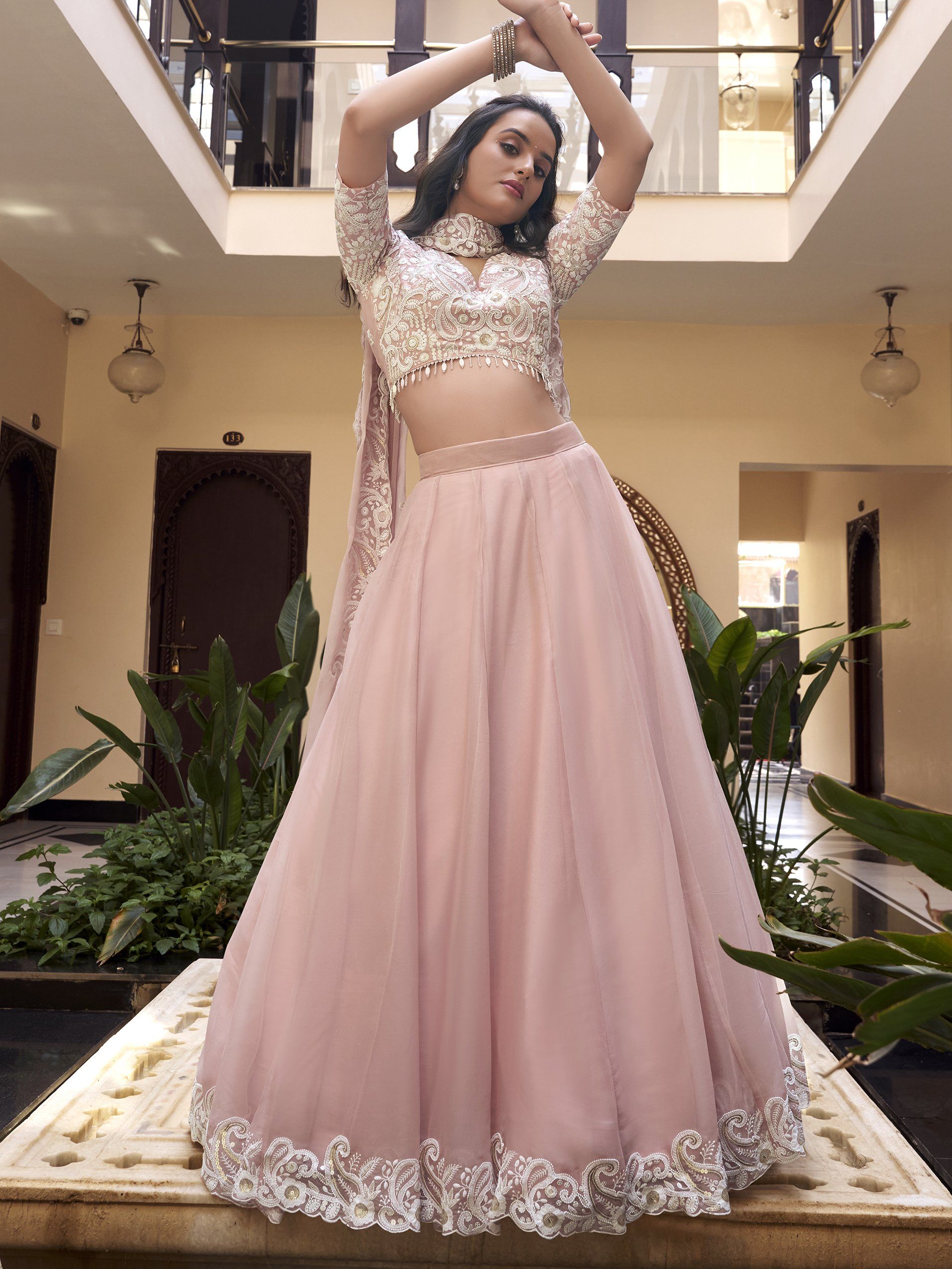 Fascinating Powder Pink Silk Thread Embroidery Bridesmaid Lehenga Choli