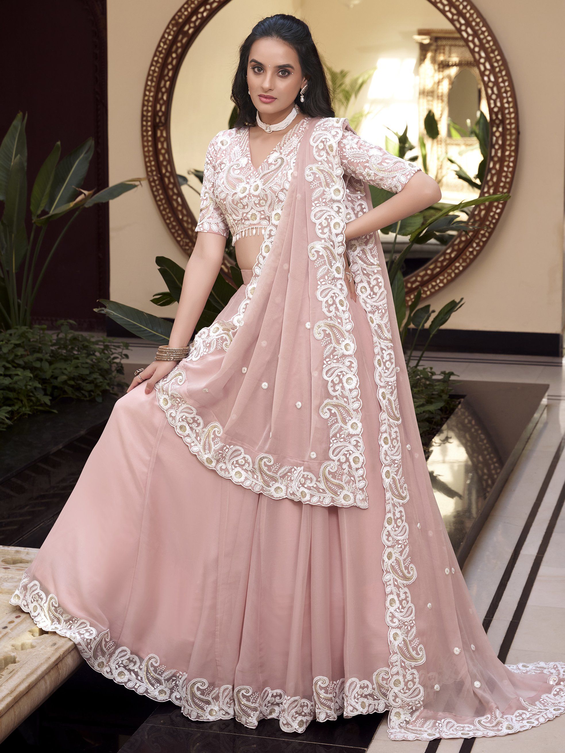 Fascinating Powder Pink Silk Thread Embroidery Bridesmaid Lehenga Choli