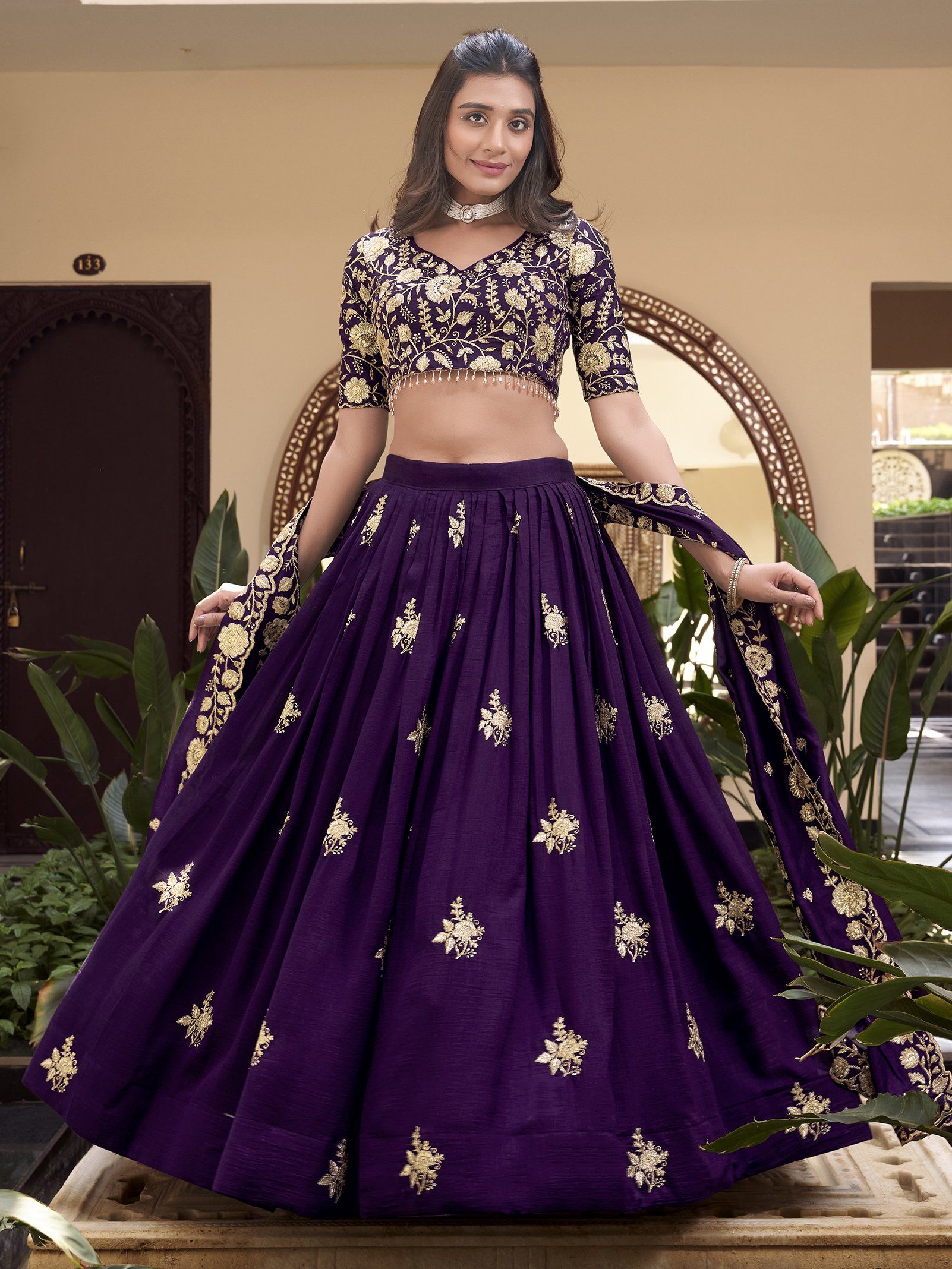 Glorious Purple Vichita Silk Zari Embroidery Wedding Lehenga Choli