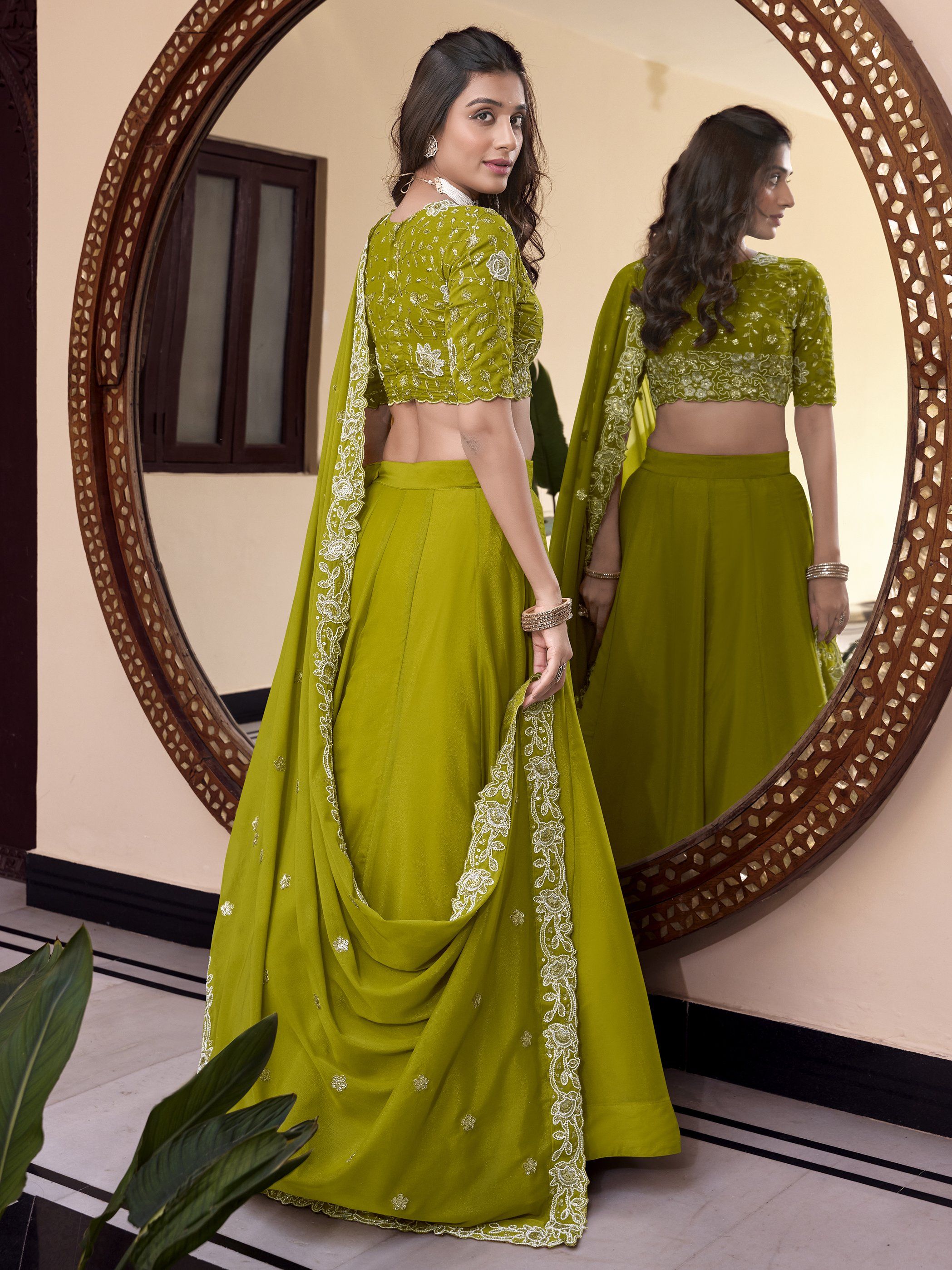 Fantabulous Parrot Green Georgette Sequins Mehendi Wear Lehenga Choli