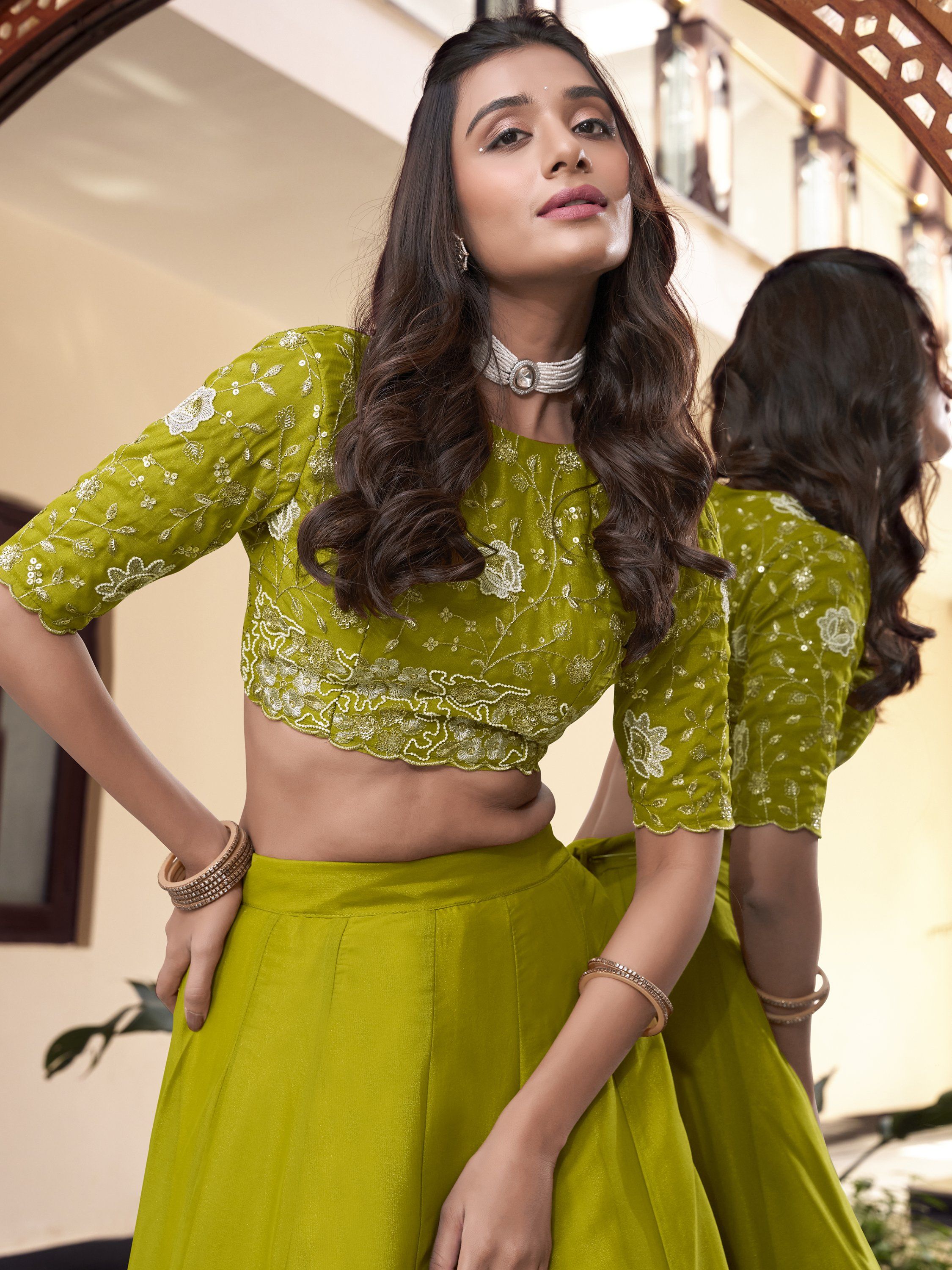 Fantabulous Parrot Green Georgette Sequins Mehendi Wear Lehenga Choli