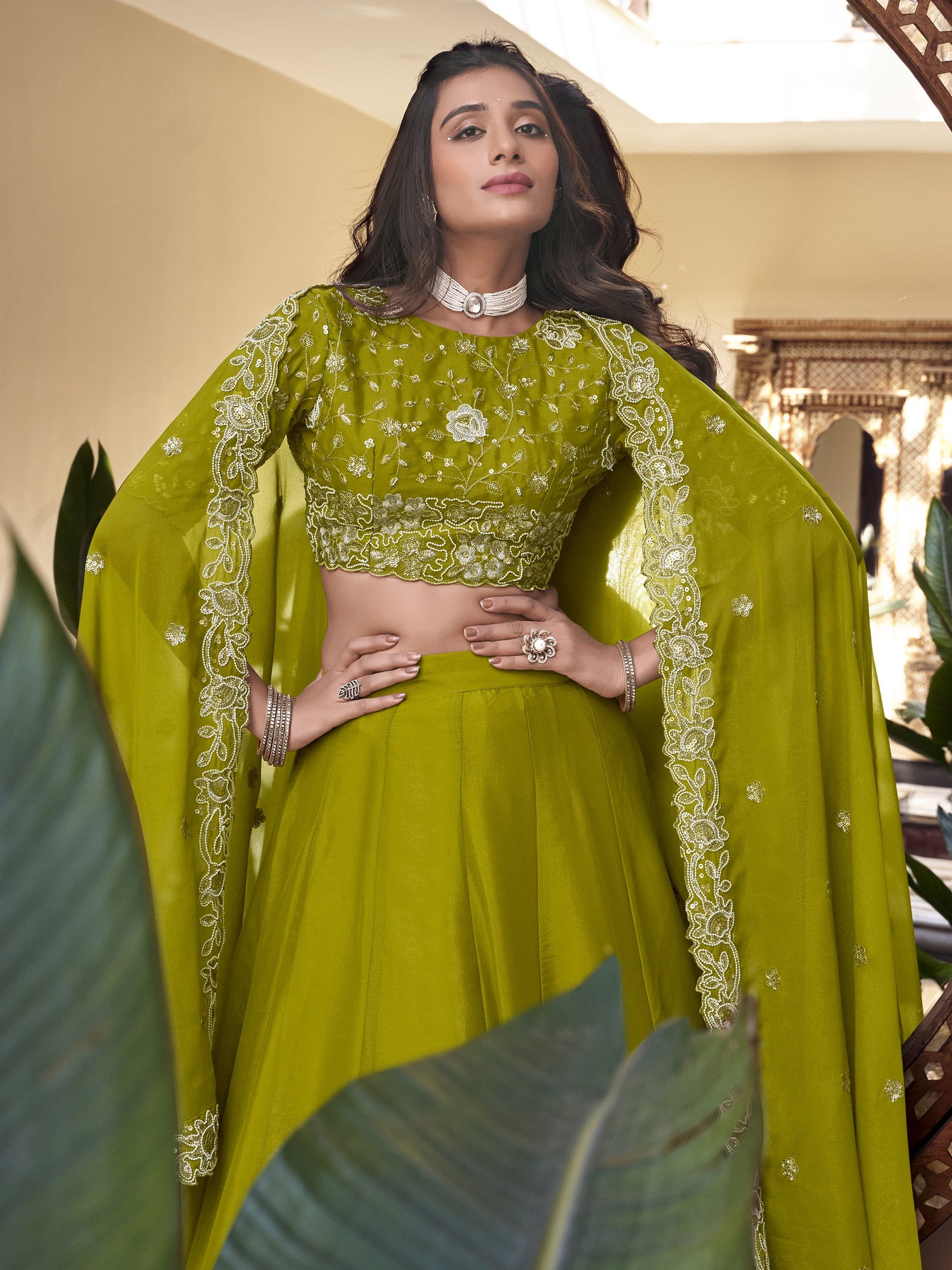 Fantabulous Parrot Green Georgette Sequins Mehendi Wear Lehenga Choli