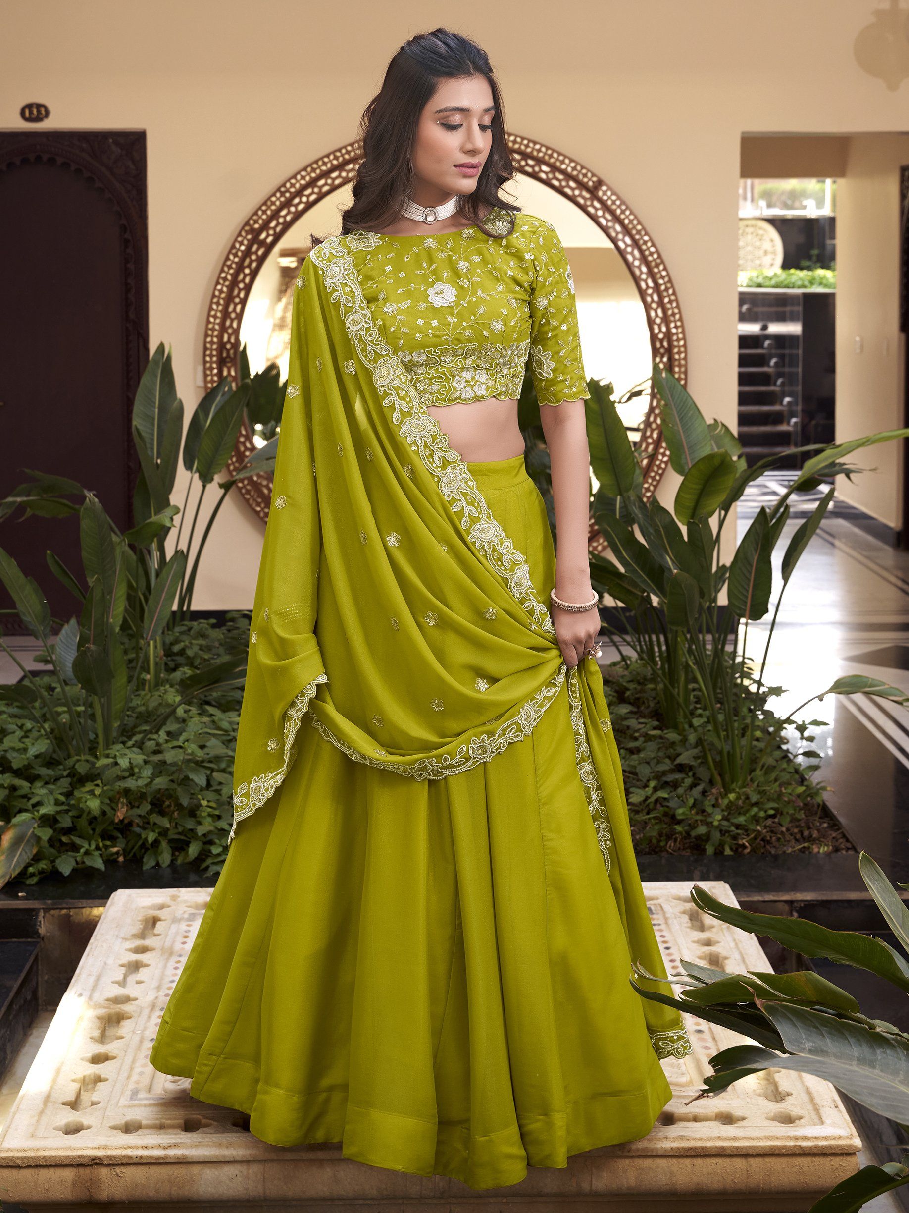 Fantabulous Parrot Green Georgette Sequins Mehendi Wear Lehenga Choli