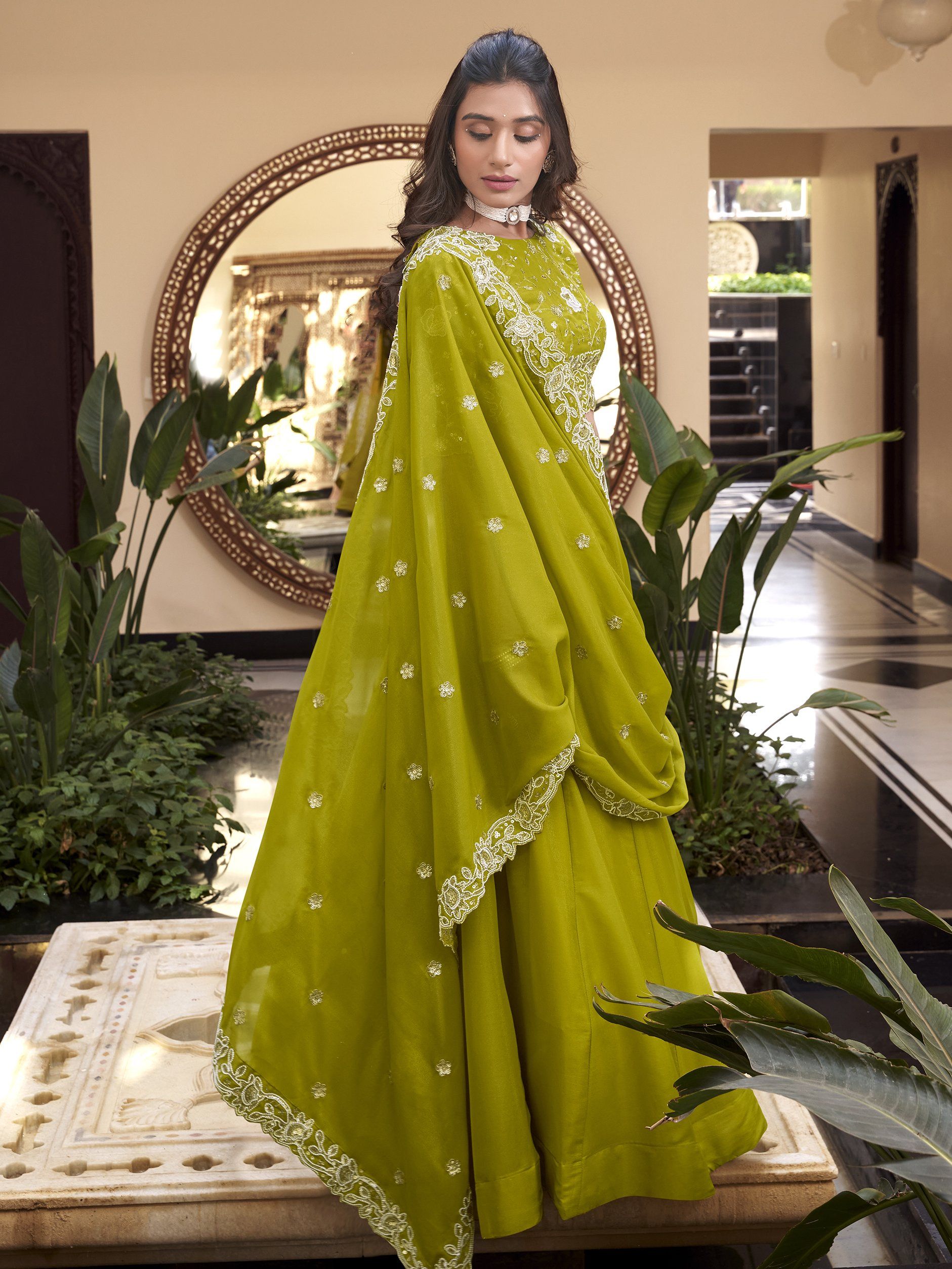 Fantabulous Parrot Green Georgette Sequins Mehendi Wear Lehenga Choli