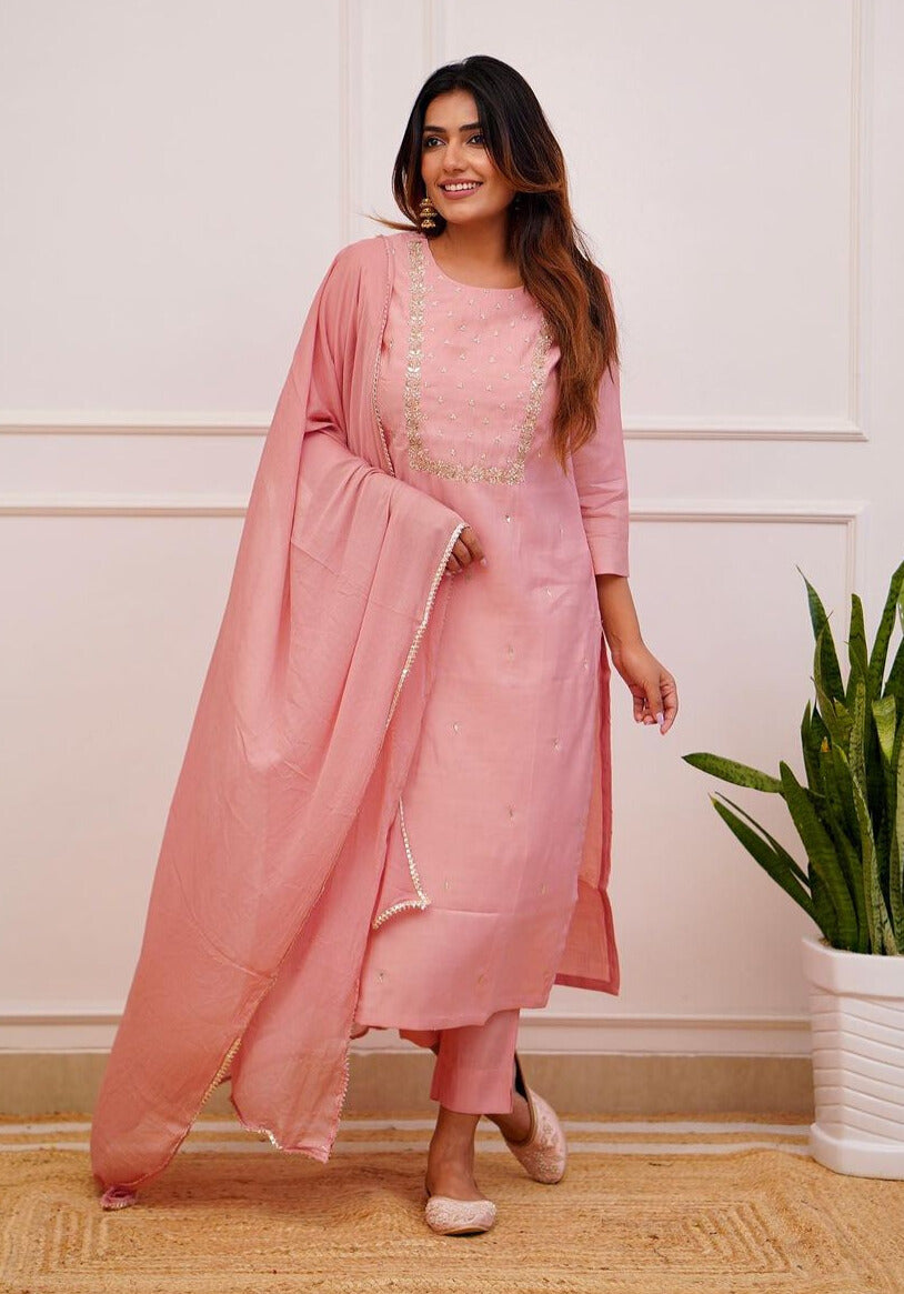Women's Rayon slub Embroidered Straight Kurta with Rayon slub Pant & Chinnon Dupatta Set
