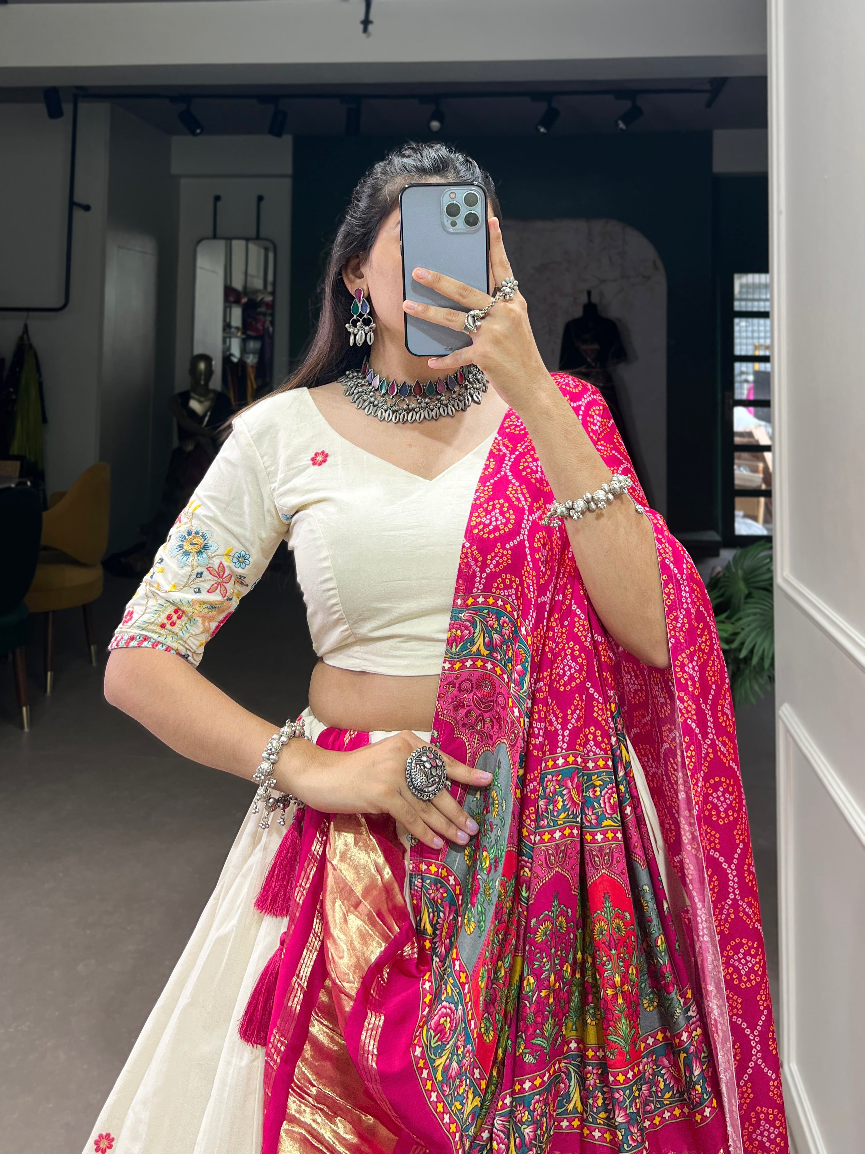 Cream & Pink Design Khadi Cotton With Sequins Embroidered Lehenga Choli