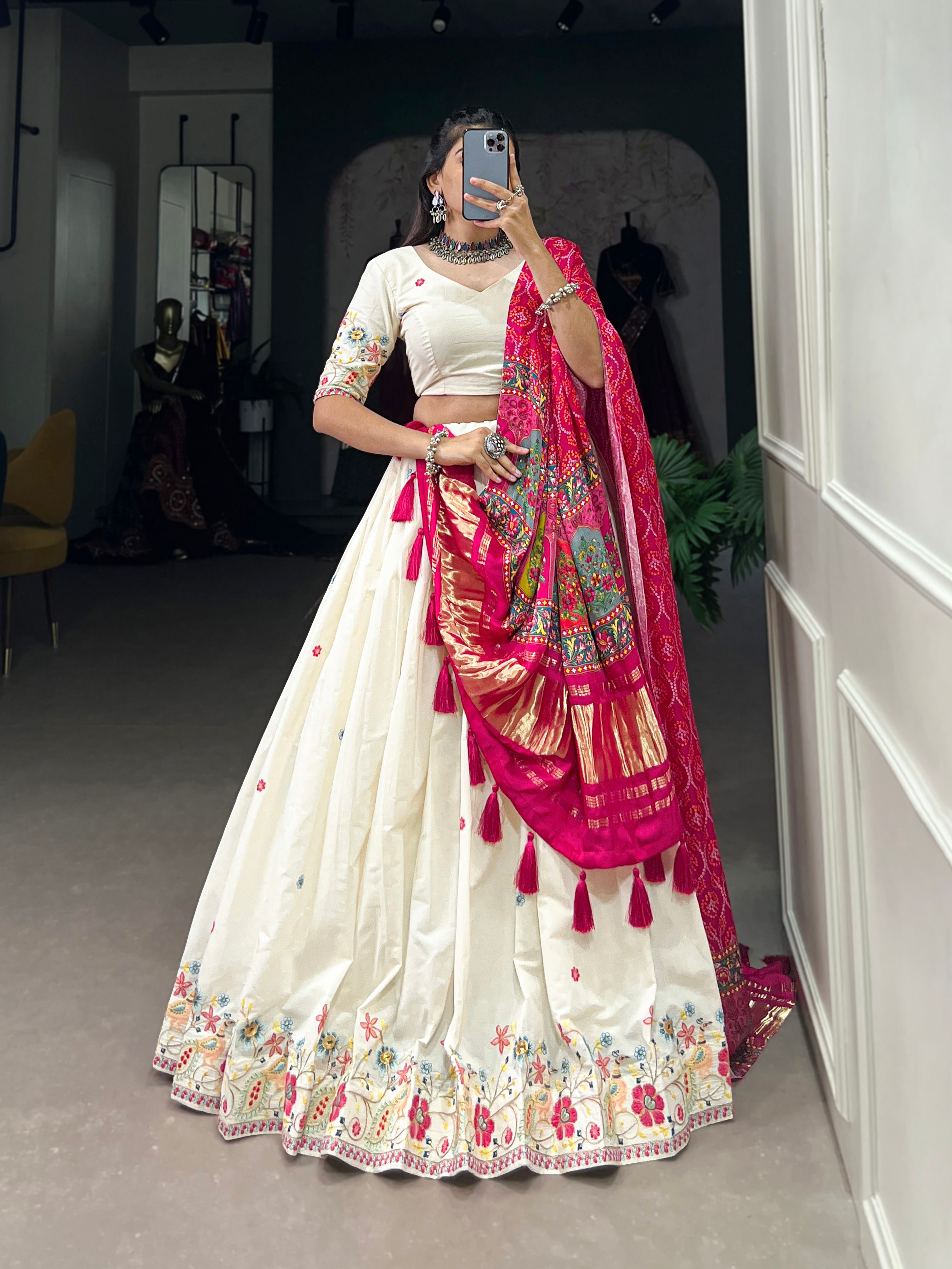 Cream & Pink Design Khadi Cotton With Sequins Embroidered Lehenga Choli