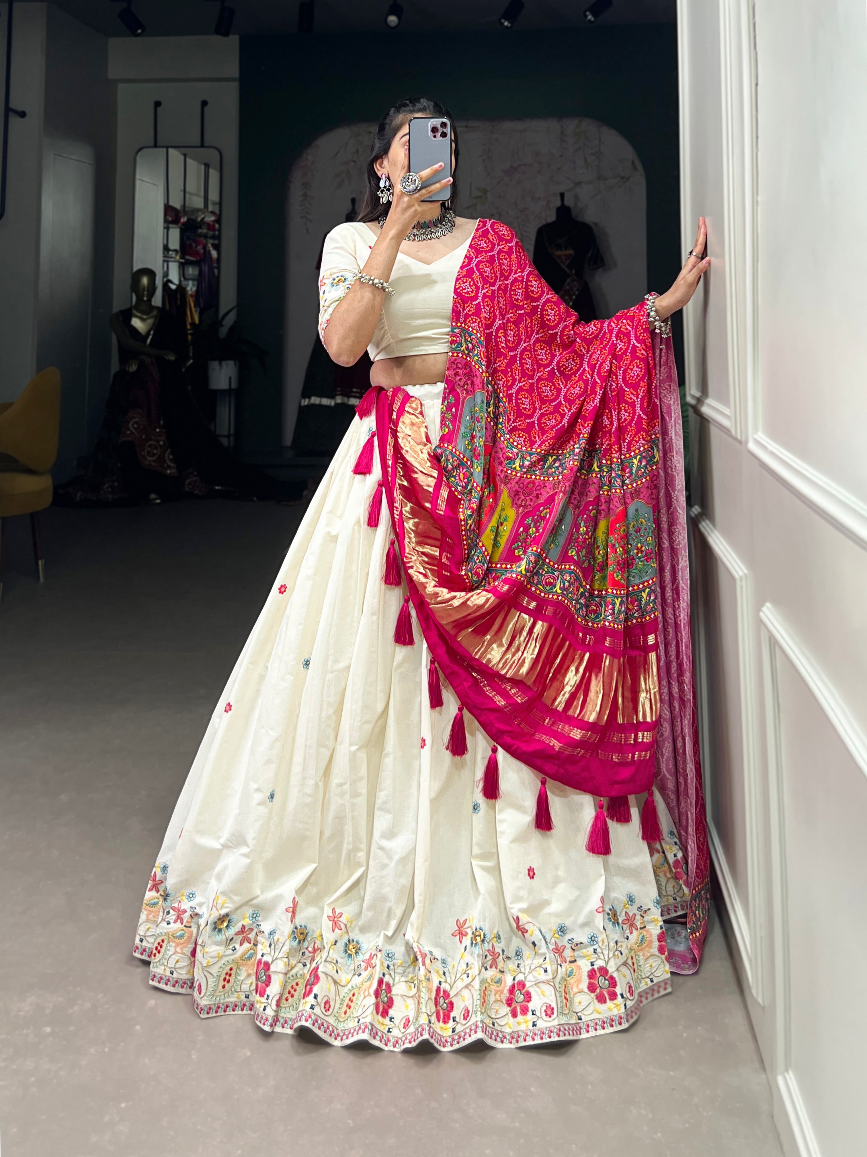 Cream & Pink Design Khadi Cotton With Sequins Embroidered Lehenga Choli