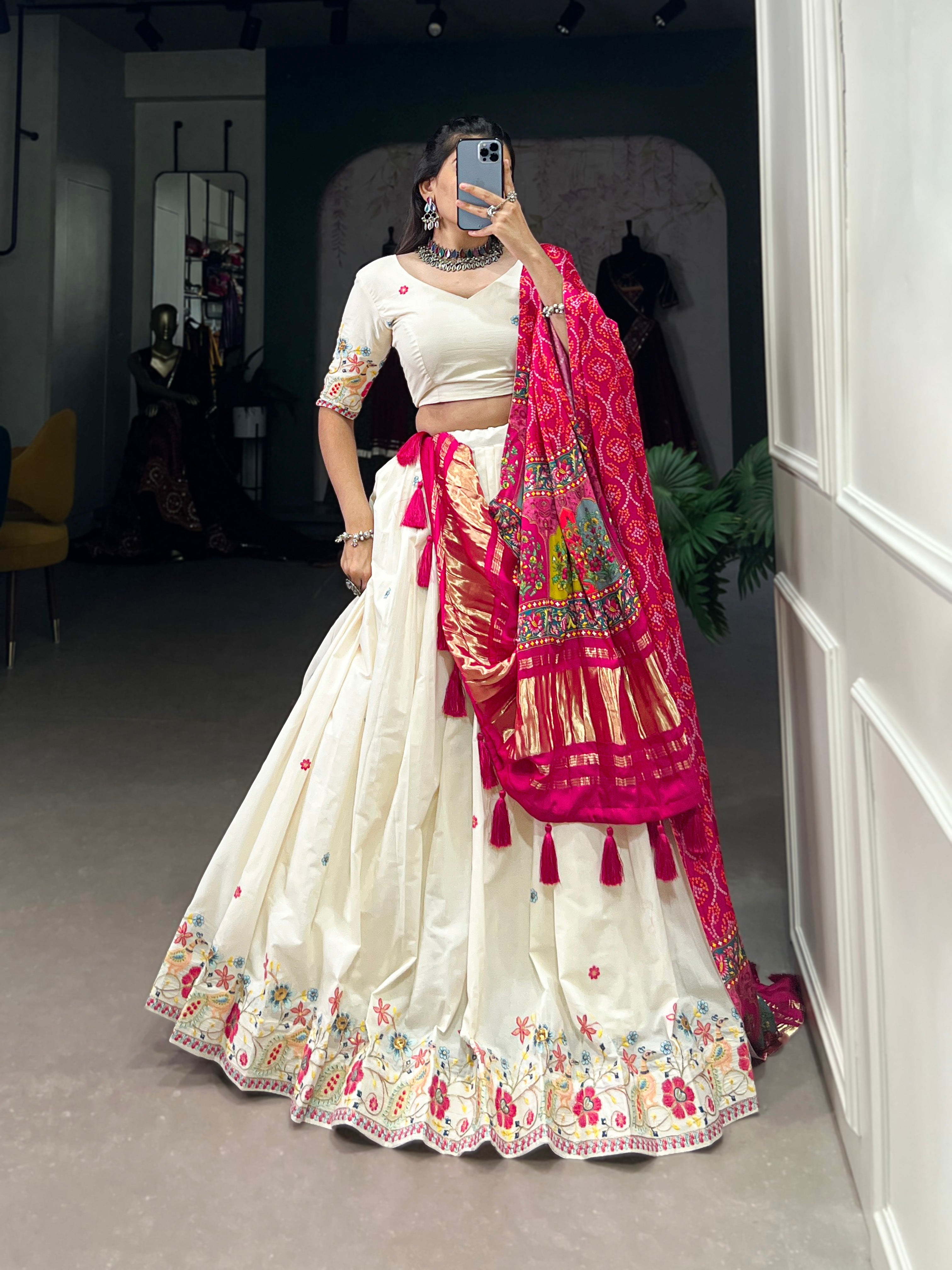 Cream & Pink Design Khadi Cotton With Sequins Embroidered Lehenga Choli