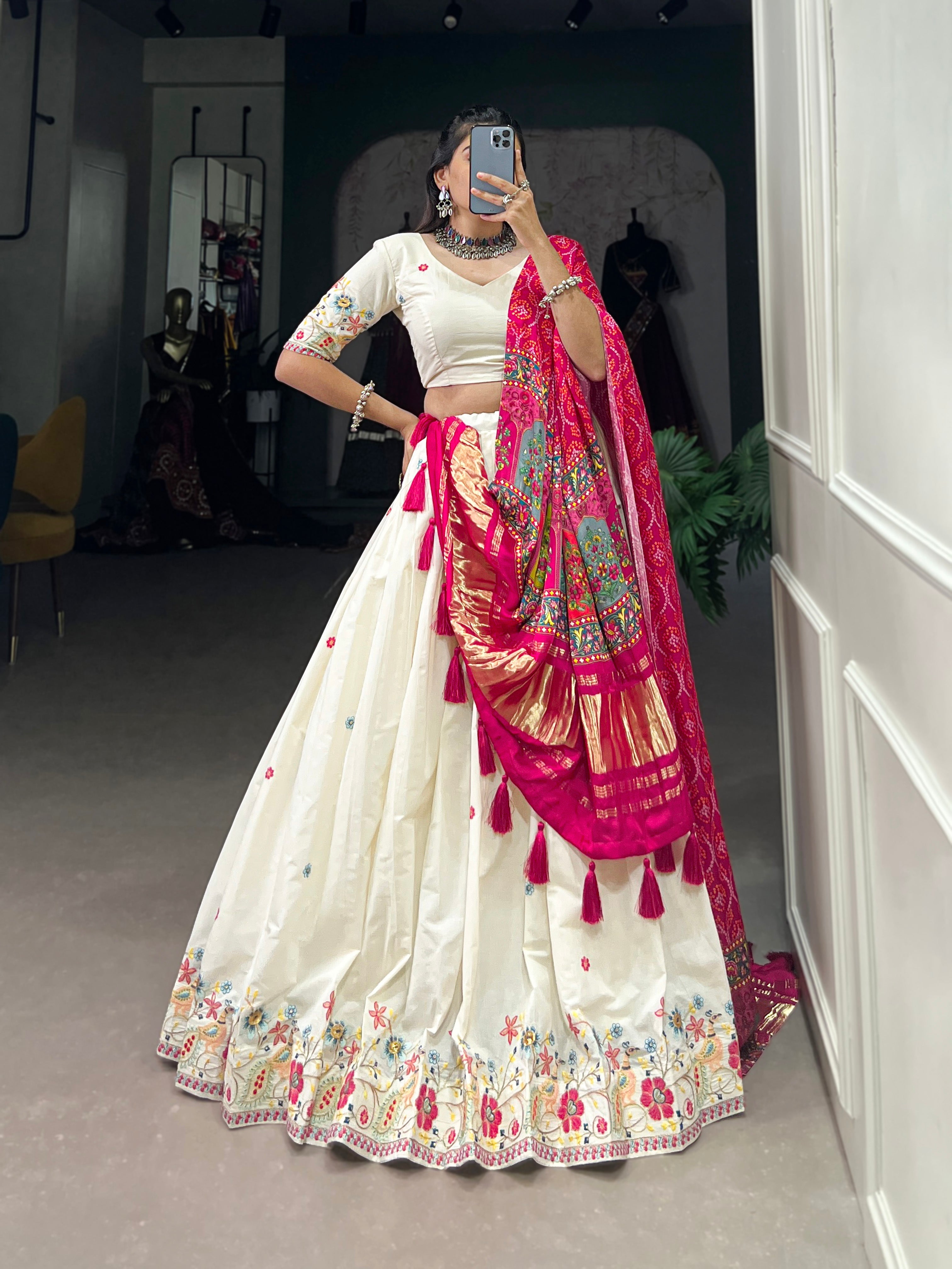 Cream & Pink Design Khadi Cotton With Sequins Embroidered Lehenga Choli