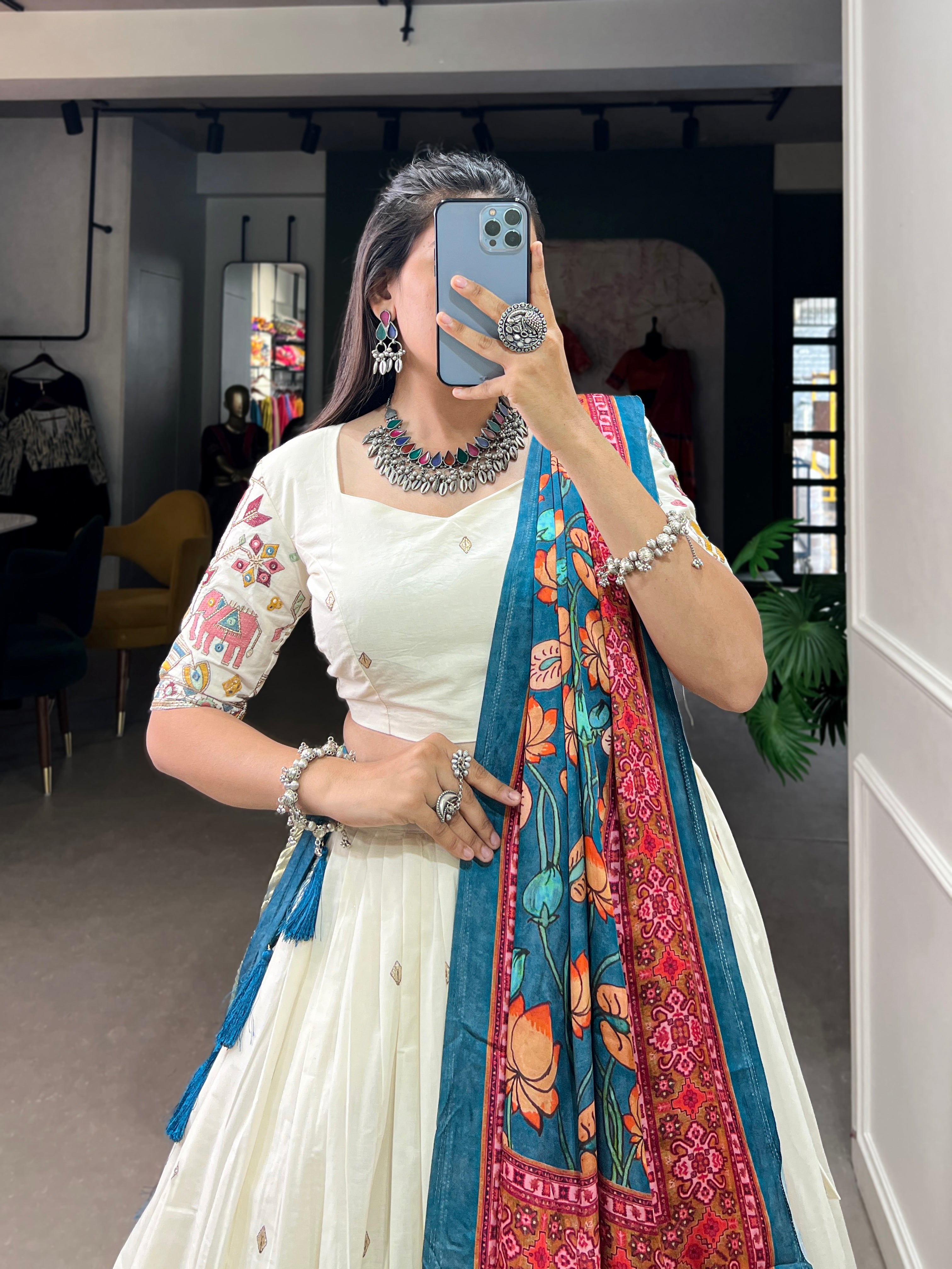 Cream & Blue Design Khadi Cotton With Sequins Embroidered Lehenga Choli