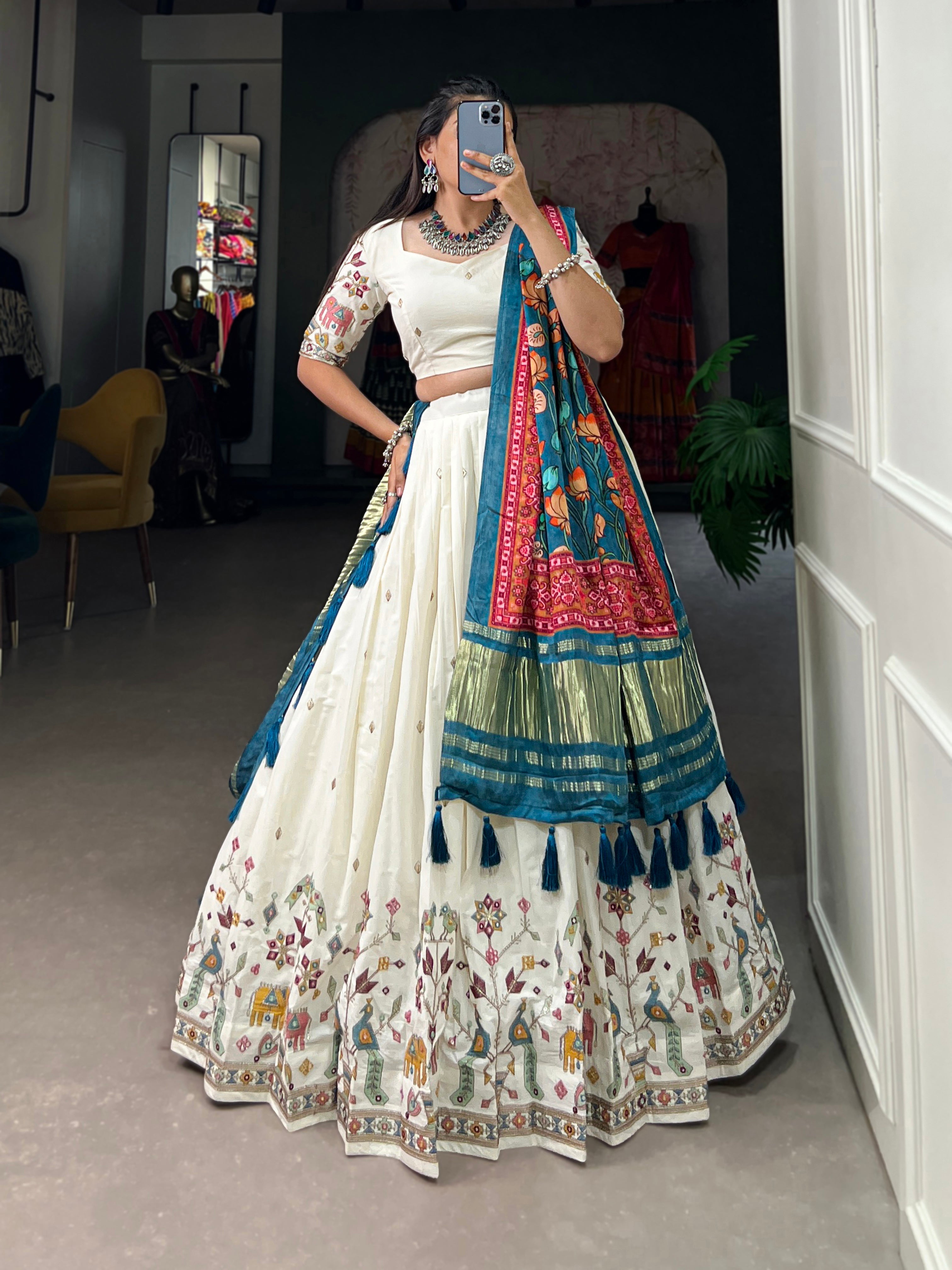 Cream & Blue Design Khadi Cotton With Sequins Embroidered Lehenga Choli