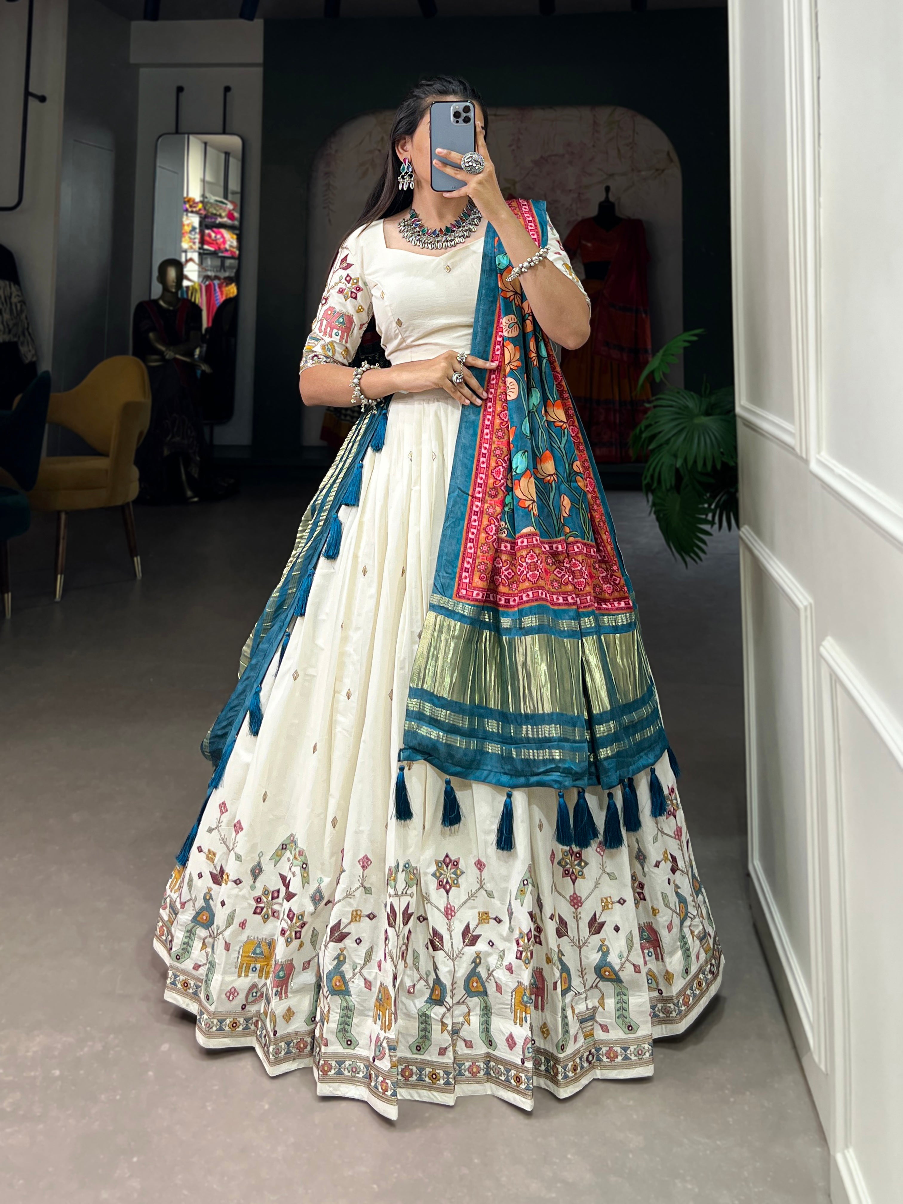 Cream & Blue Design Khadi Cotton With Sequins Embroidered Lehenga Choli