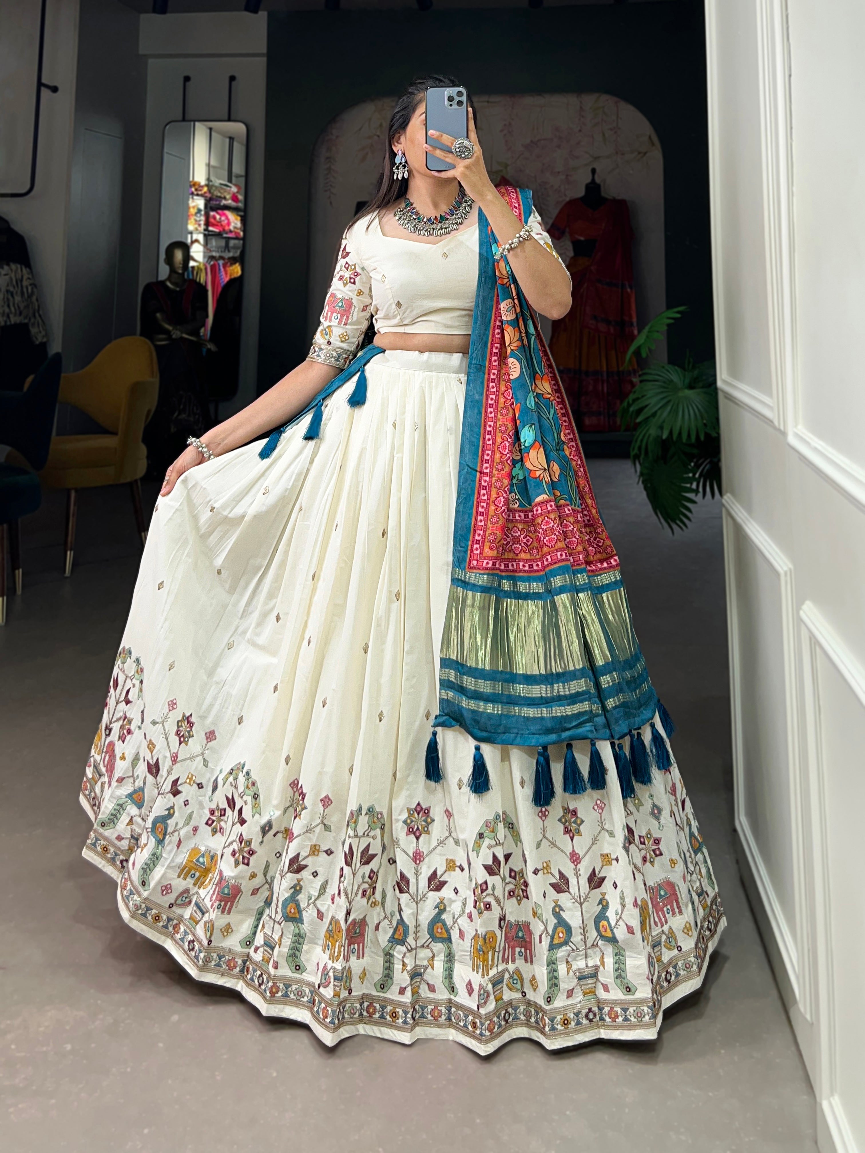 Cream & Blue Design Khadi Cotton With Sequins Embroidered Lehenga Choli