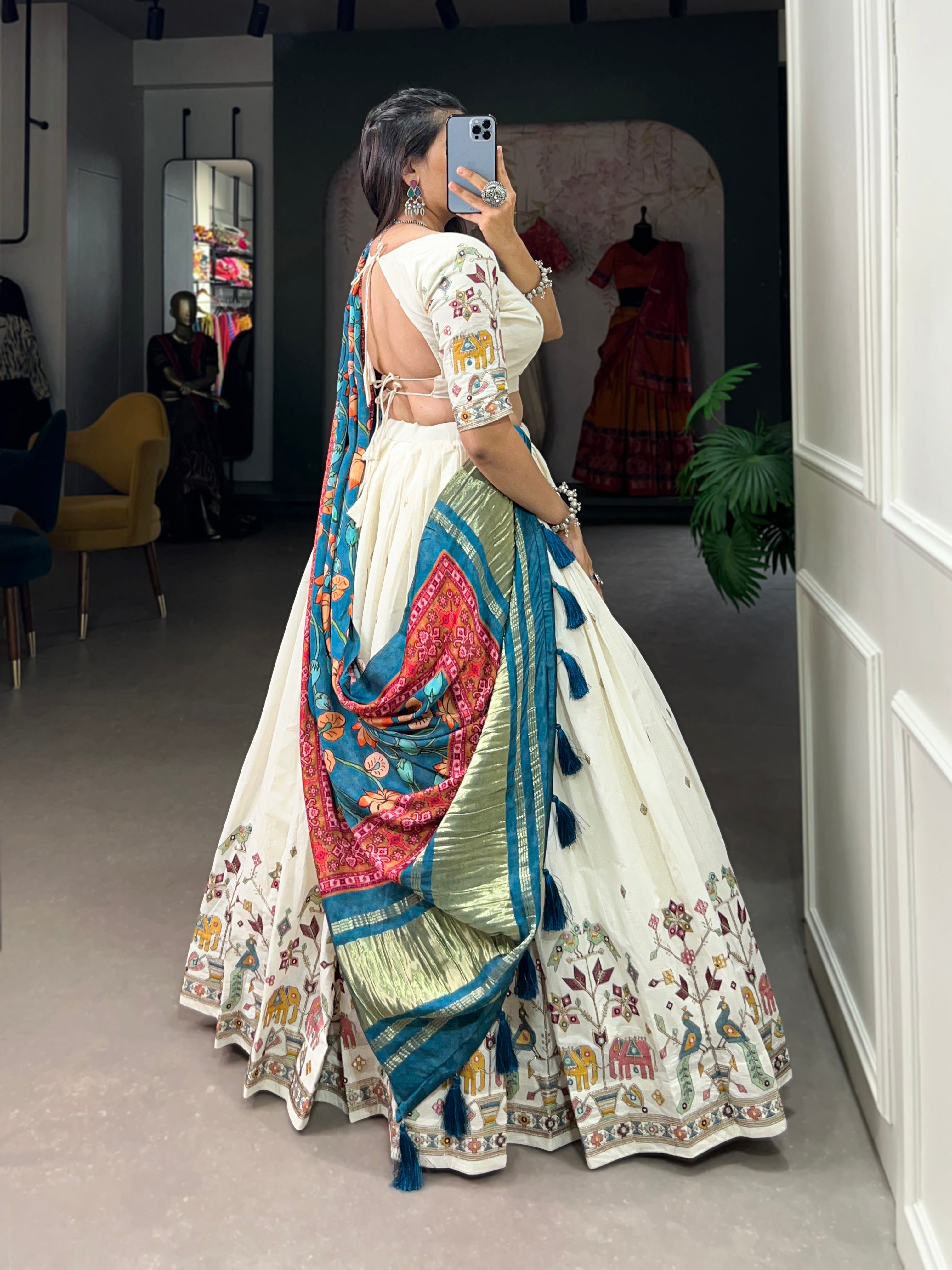 Cream & Blue Design Khadi Cotton With Sequins Embroidered Lehenga Choli