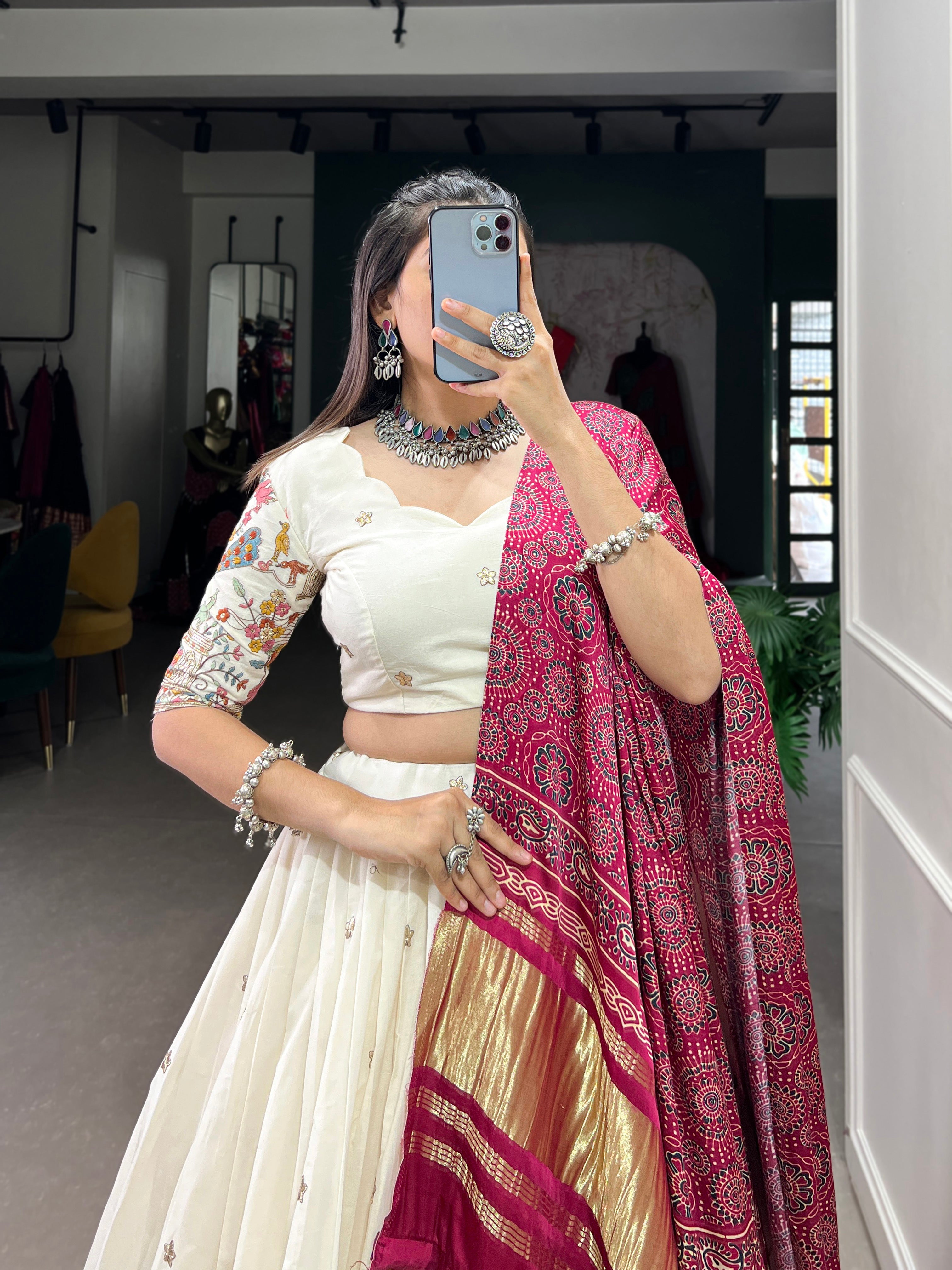 Cream & Rani Design Khadi Cotton With Sequins Embroidered Lehenga Choli