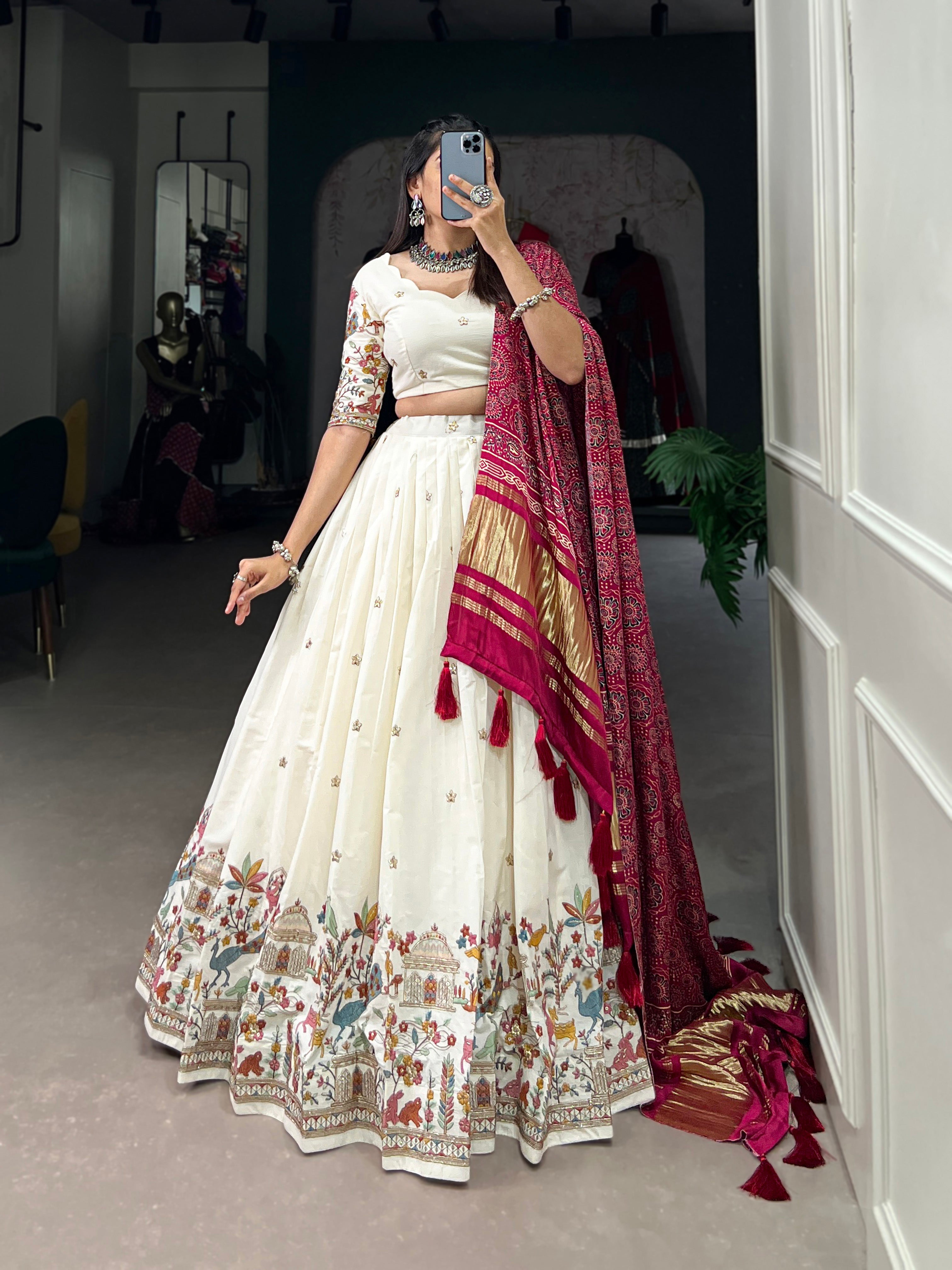 Cream & Rani Design Khadi Cotton With Sequins Embroidered Lehenga Choli